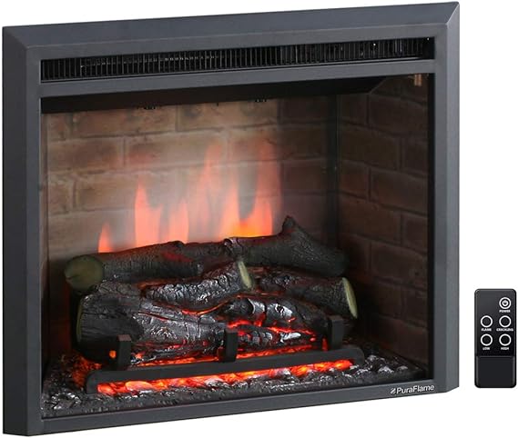 PuraFlame Western Electric Fireplace Insert with Fire Crackling Sound, Remote Control, 750/1500W, Black, 22 53/64 Inches Wide, 20 3/64 Inches High