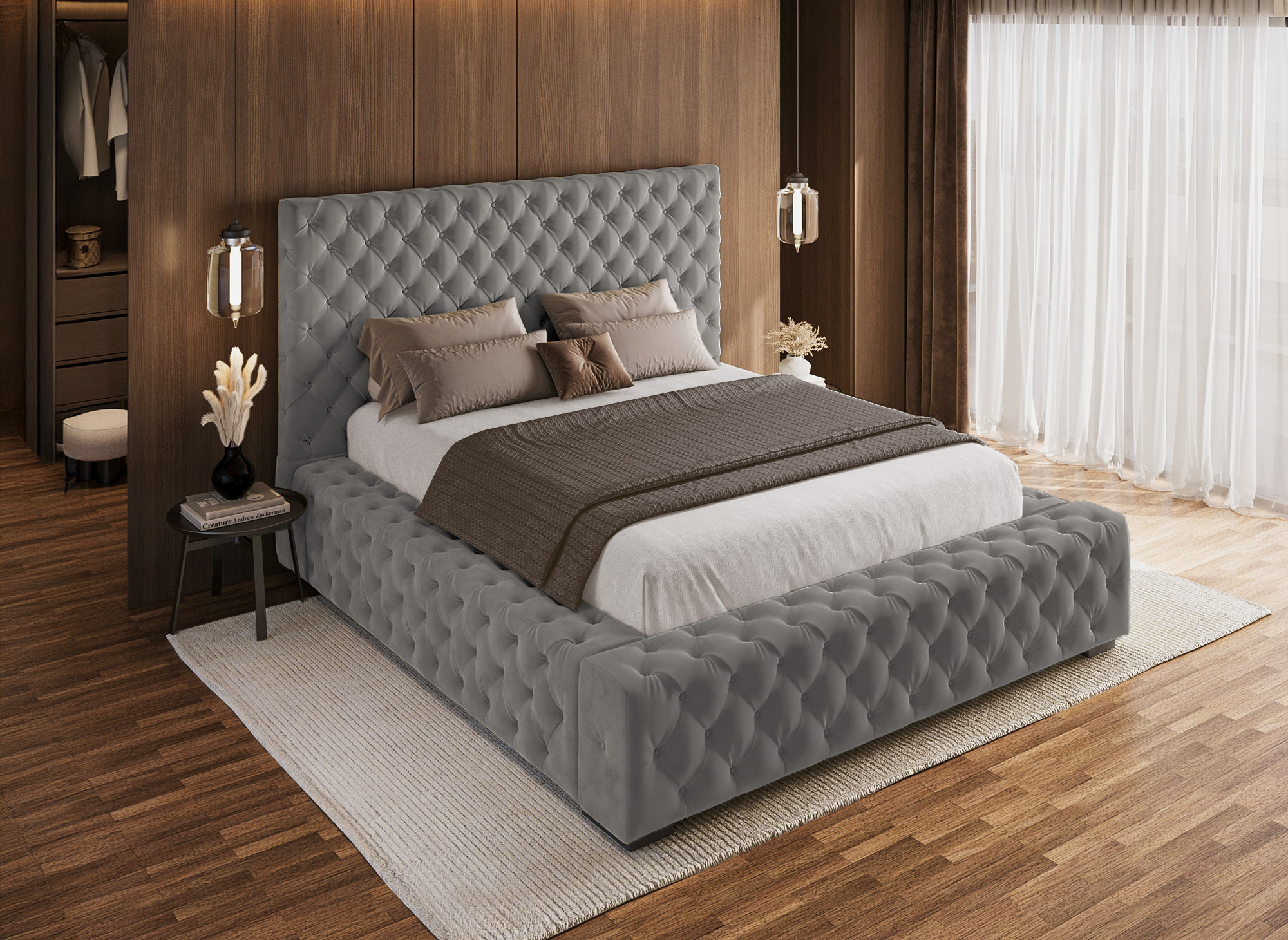 IDALINE grey velvet upholstered storage bed 160 x 200 cm