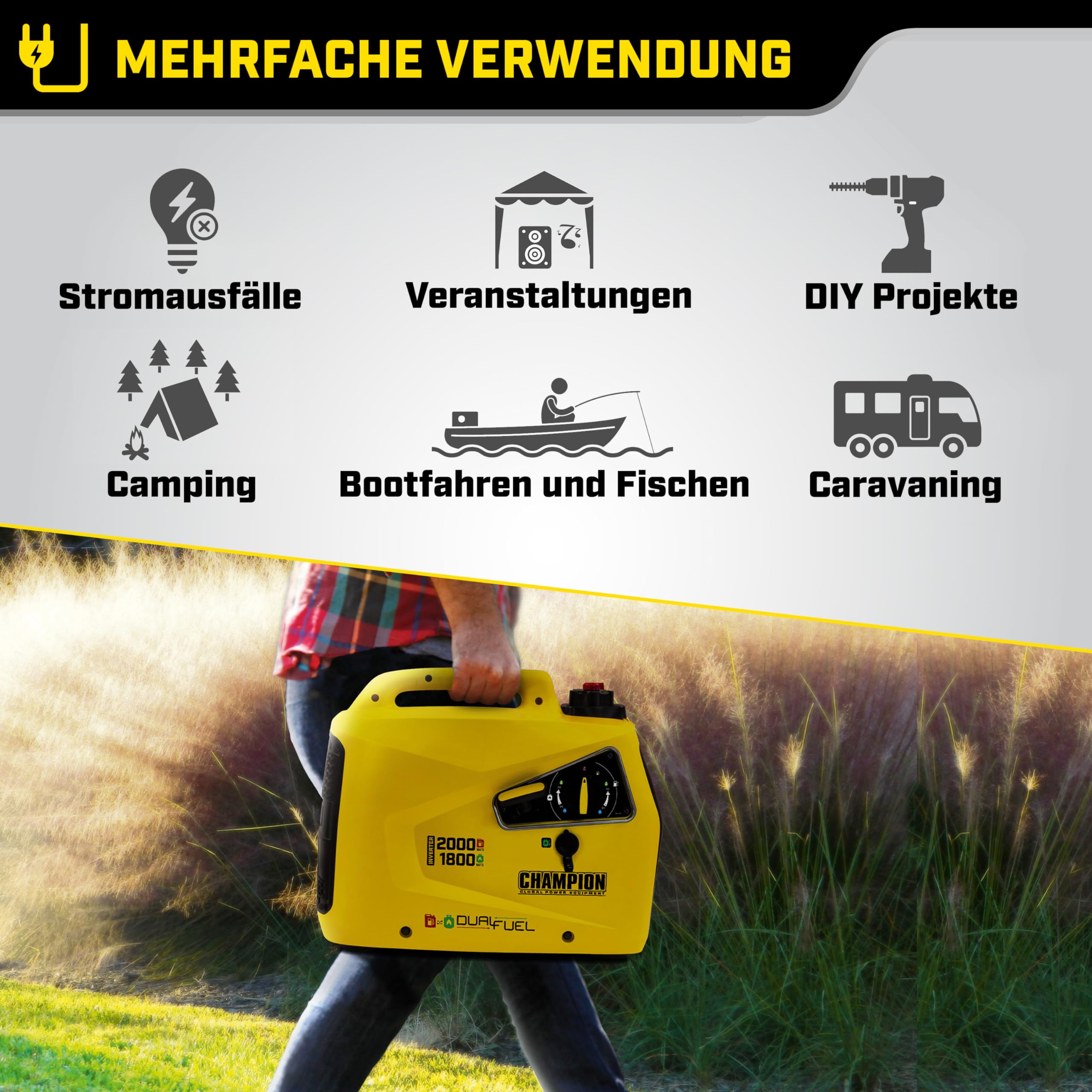 Champion Power Equipment Petrol + Gas Power Generator (2000 Watt, Power Inverter, Generator with LED Display, Dual Fuel, Extremely Quiet) 8200i-E-DF-EU, Yellow