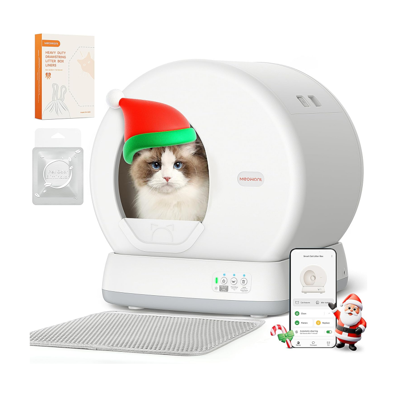MeoWant Self-Cleaning Cat Litter Box, Integrated Safety Protection Automatic Cat Litter Box for Multi Cats, Extra Large/Odor Removal/APP Control Smart Cat Litter Box with Mat & Liner