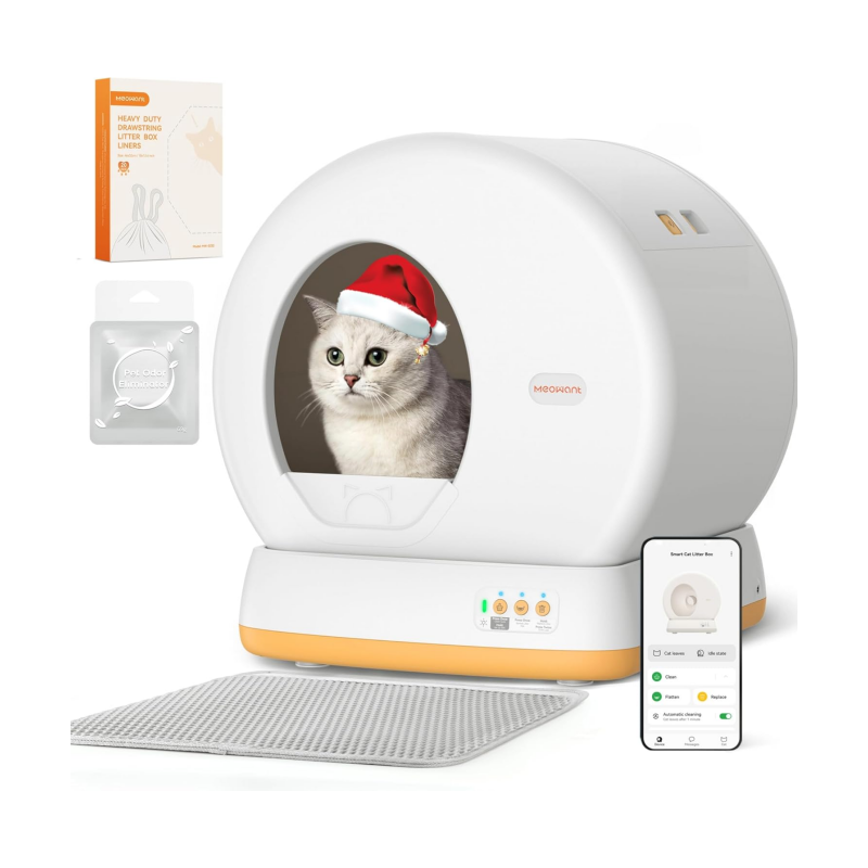 MeoWant Self-Cleaning Cat Litter Box, Advanced Safety System Automatic Cat Litter Box Perfect for Multi Cats, Extra Large/Odor Control/APP Control Smart Cat Litter Box with Mat & Liner, Yellow