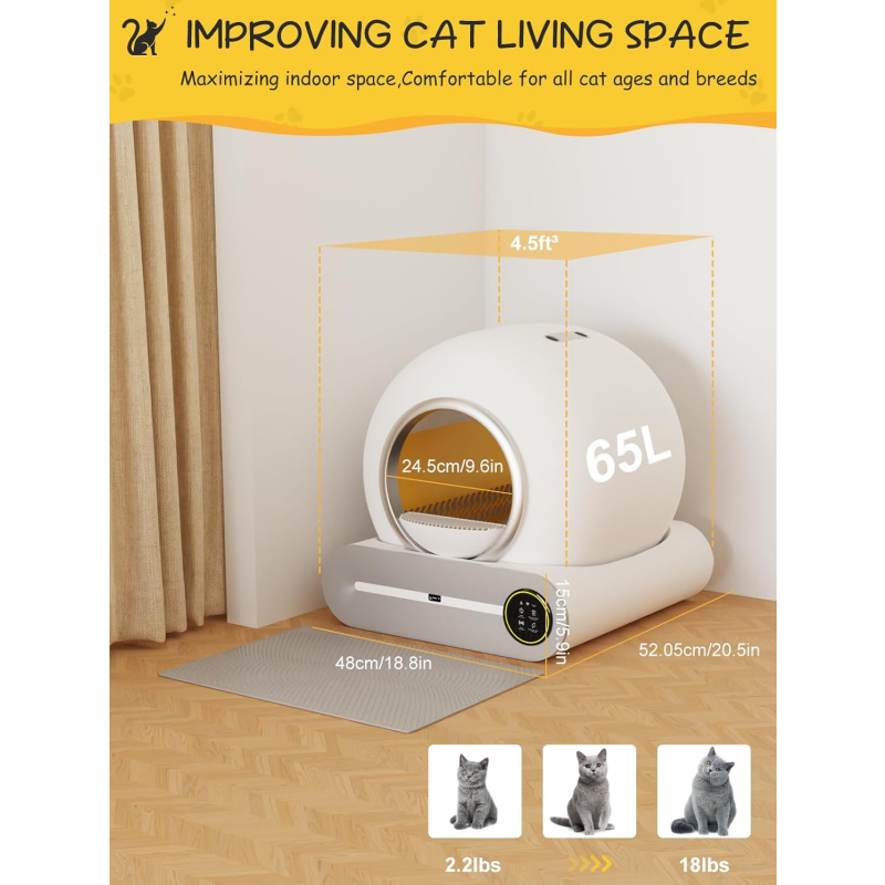 Self Cleaning Litter Box - Never Scoop Litter Again, 74L Large Automatic Cat Litter Box Self Cleaning for Multiple Cats, Safety/Low Noise/Use Easily Automatic Litter Box with APP Control