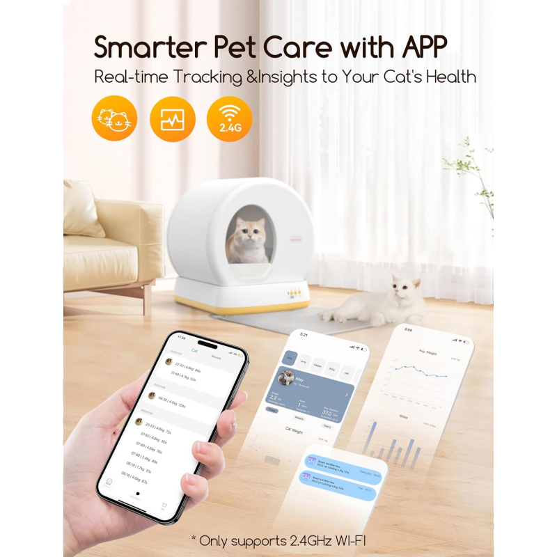 MeoWant Self-Cleaning Cat Litter Box, Advanced Safety System Automatic Cat Litter Box Perfect for Multi Cats, Extra Large/Odor Control/APP Control Smart Cat Litter Box with Mat & Liner, Yellow