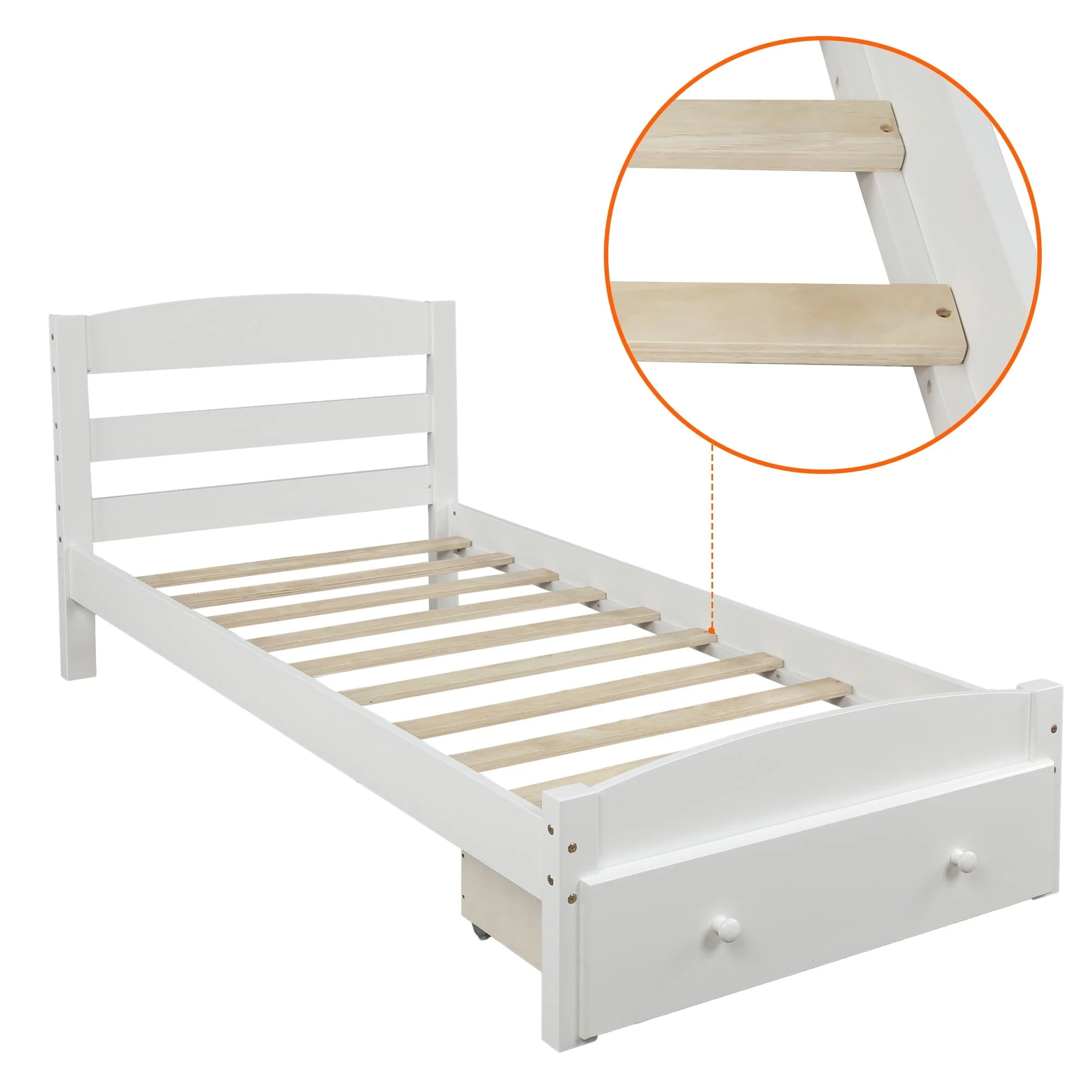 Twin Bed for Kids with Storage Drawer, Upgrade Pine Wood Bed Frame with Headboard and Footboard, Modern Kids Bed Furniture for Bedroom, Holds 275 lb, No Box Spring Needed, White