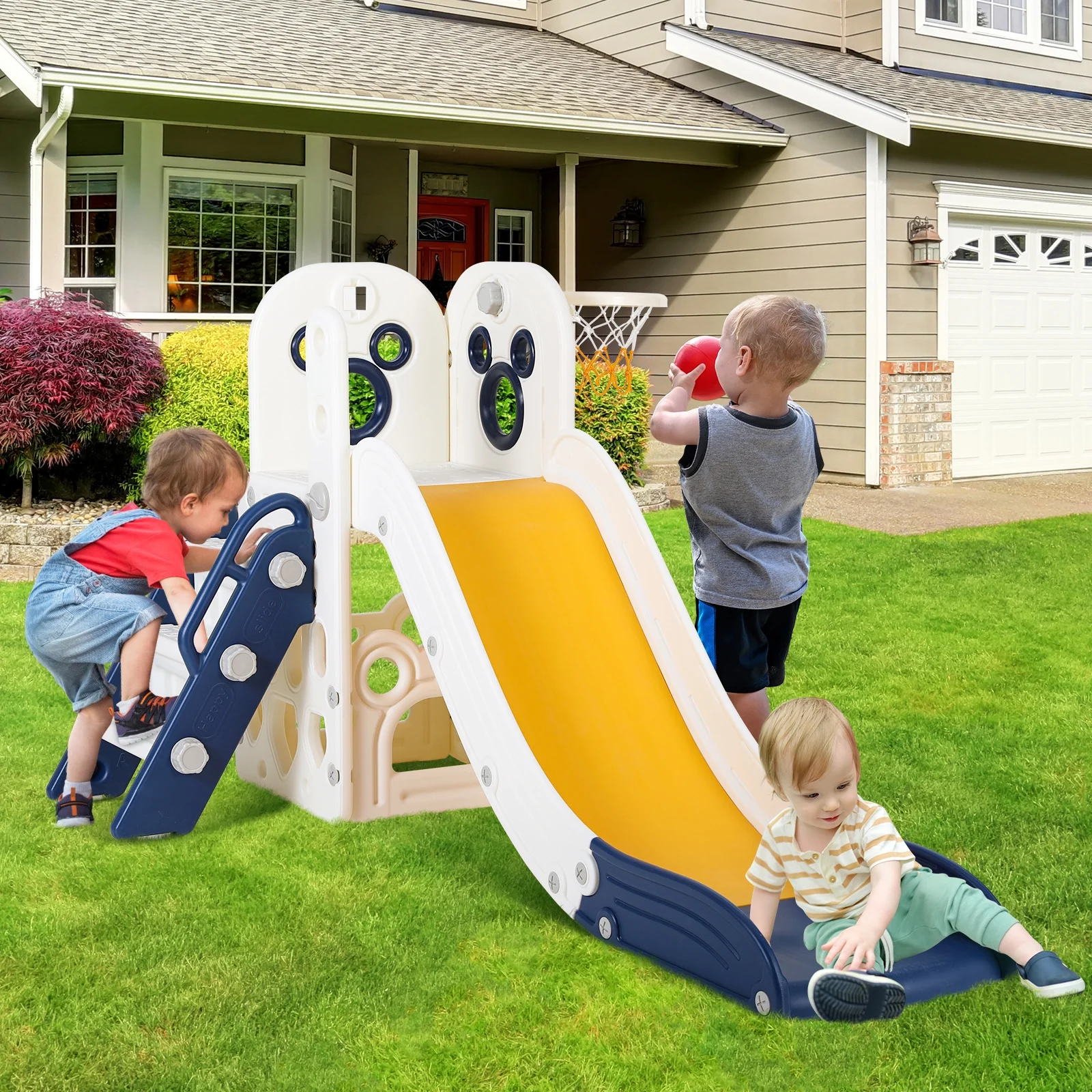 Arlopu Sturdy Toddler Slide with Basketball Hoop Plastic Kids Slide Climber with Anti-Slip Steps Indoor Outdoor Children Toy Playground