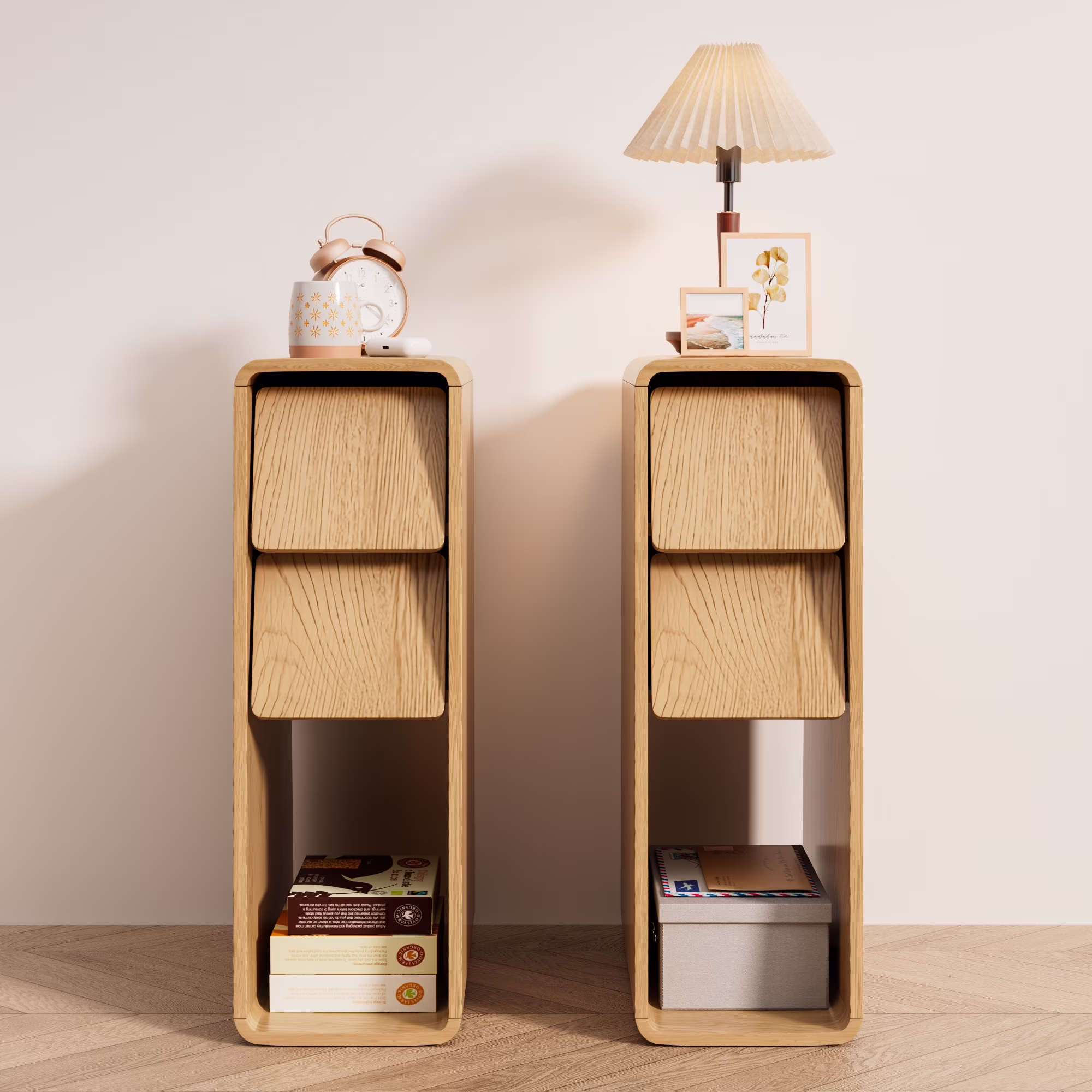 Narrow Nightstand Set of 2 with Drawers, Fluted Slim Side End Table with Storage for Small Spaces