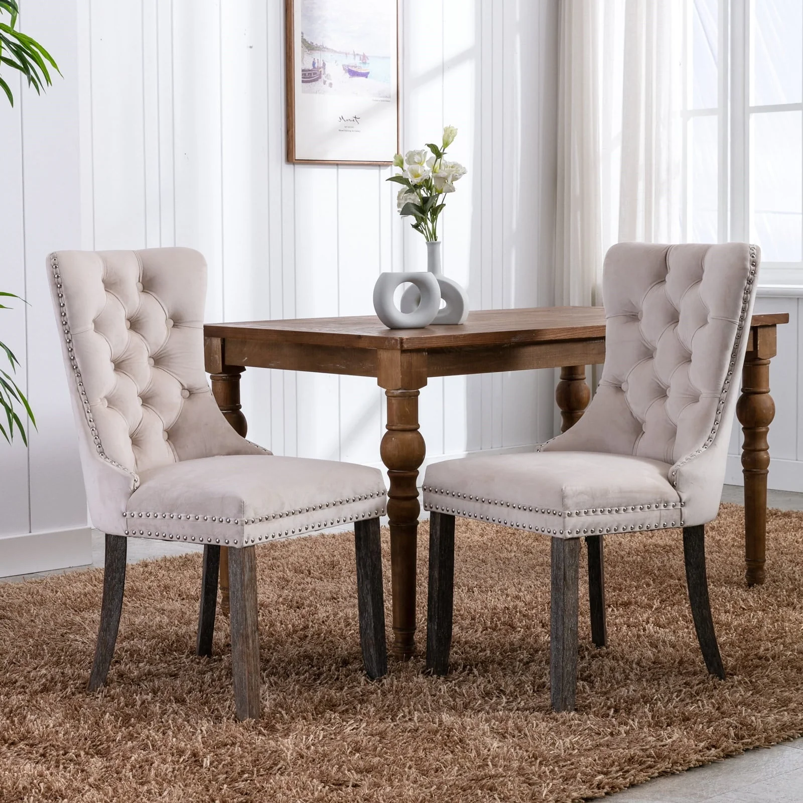 Tzicr Dining Chairs Set of 4, Velvet Upholstered Dining Chairs with Nailhead Back and Ring Pull Trim,Solid Wood Dining Chairs for Kitchen/Bedroom/Dining Room,Modern Fabric Dining Set,Beige