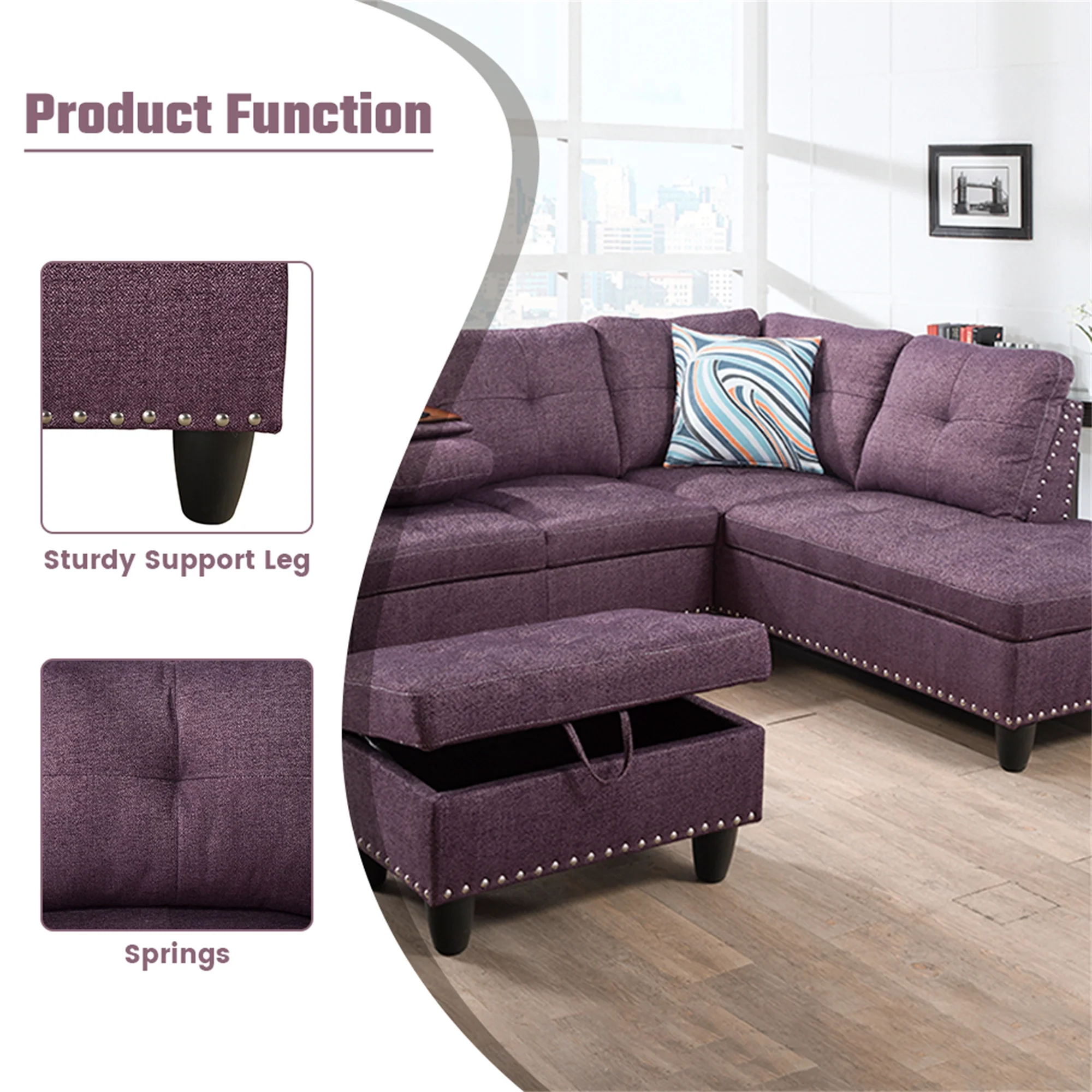 Aukfa 3 Piece Sectional Sofa, Living Room Couch with Storage Ottoman&Cup Holder, Linen, Left Hand, Black Gray