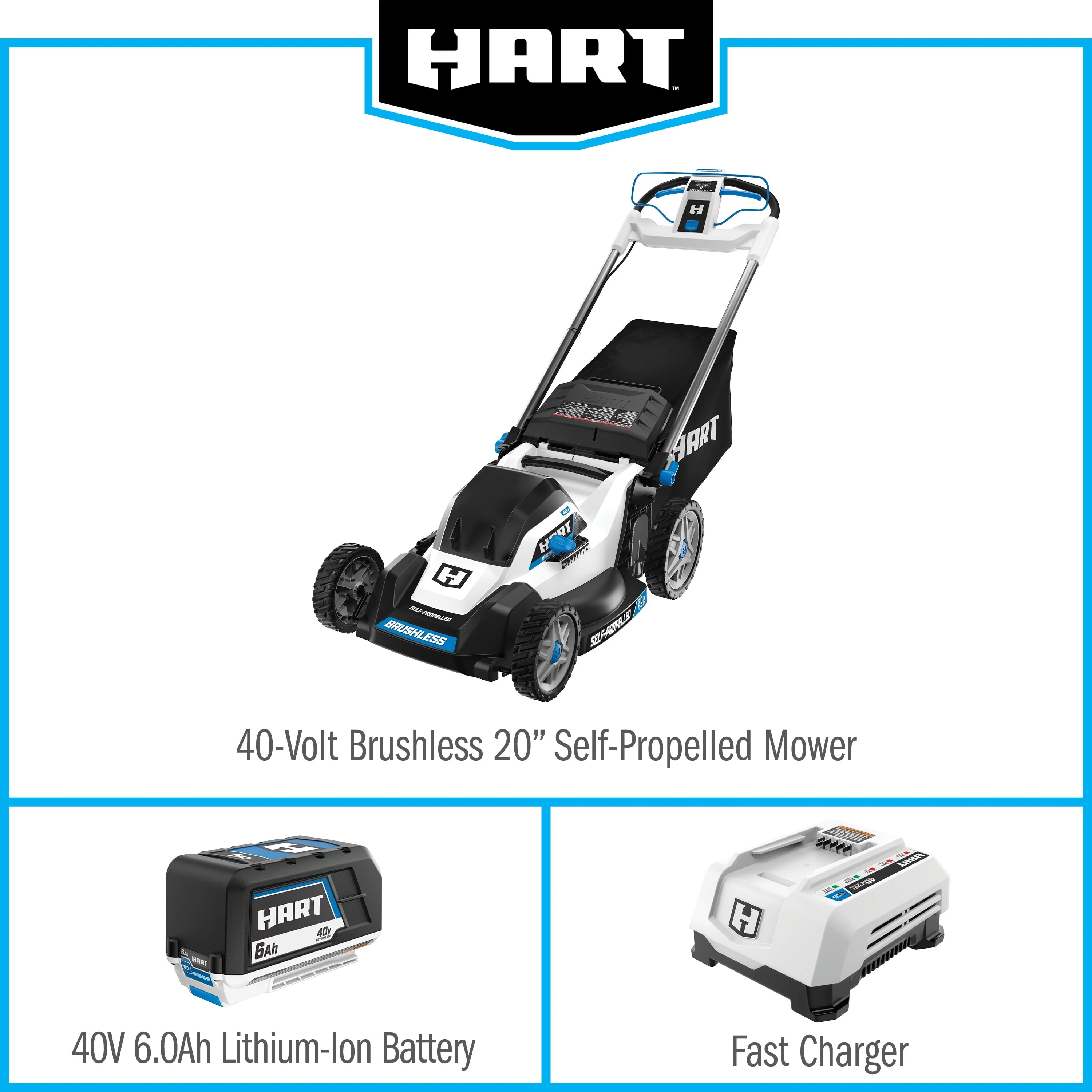 HART 40-Volt 20-inch Self-Propelled Battery-Powered Brushless Mower Kit, (1) 6.0Ah Lithium-Ion Battery