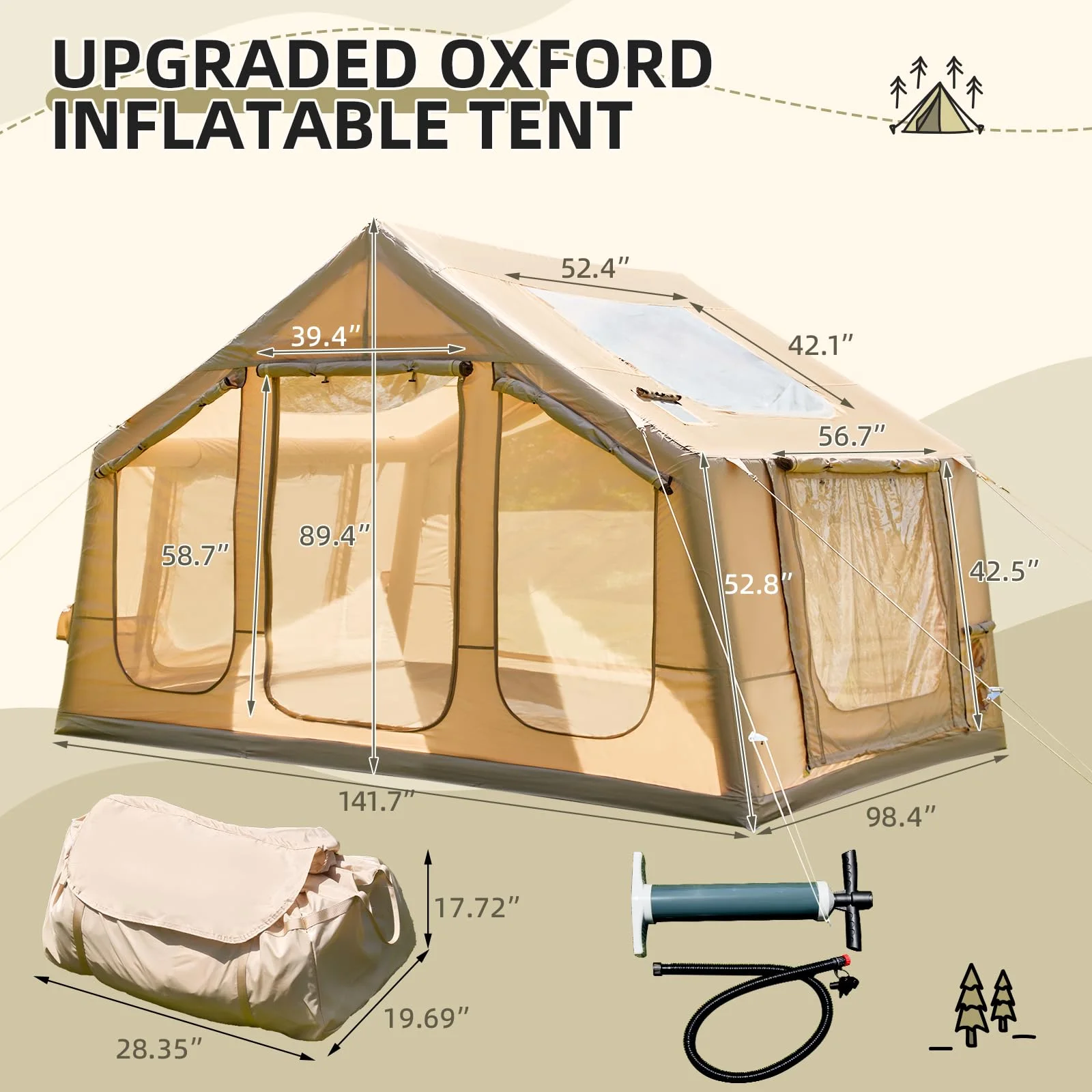 Yoleny 12'x8' Inflatable Tent, 96 SFT Blow Up Tent for Camping, 4 Season Oxford Glamping Tents with Clear Skylight, Pump & Stove Jack