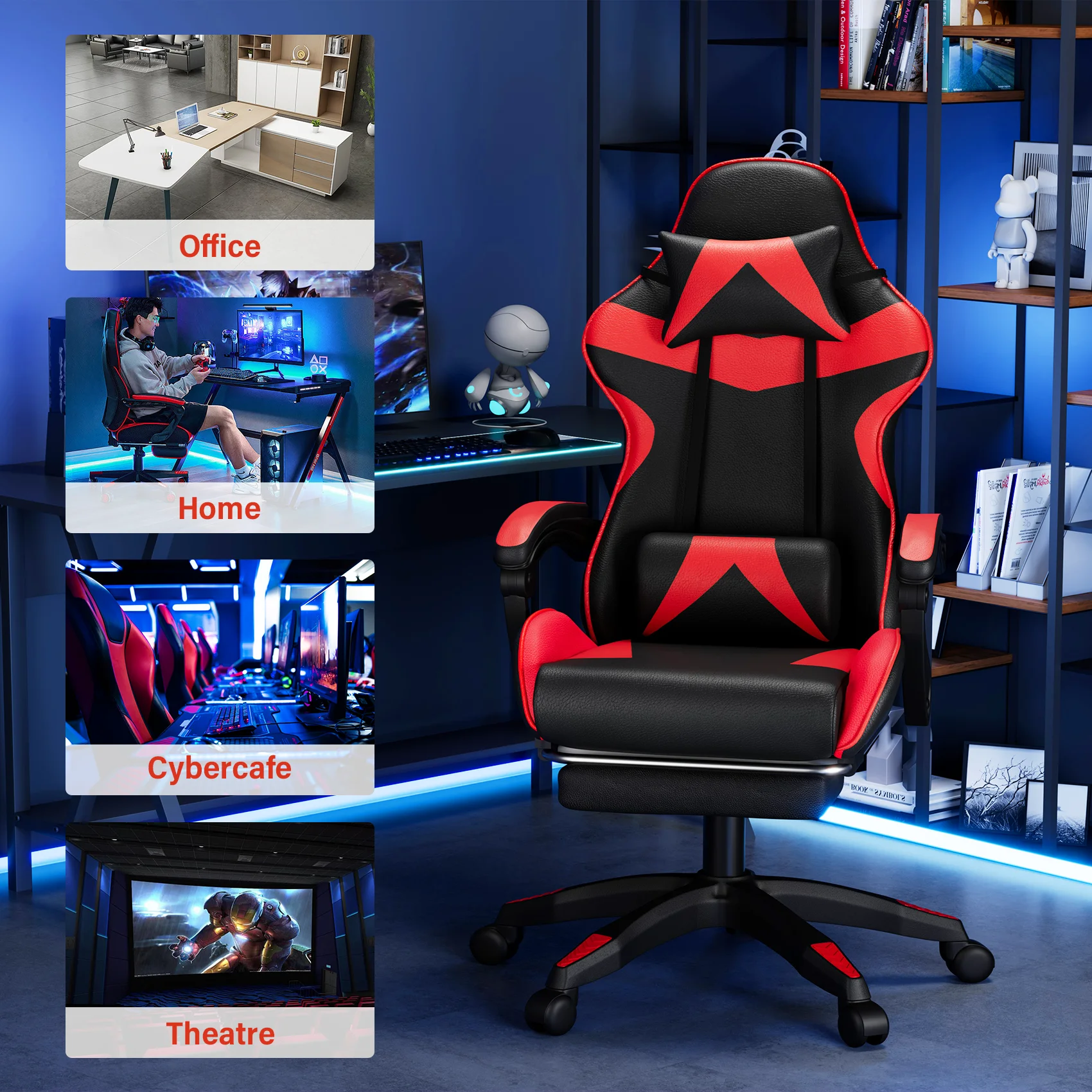 Mr IRONSTONE Office Gaming Chair with Footrest & Lumbar Support, Ergonomic Adjustable Computer Chair with Swivel Seat & Headrest, Blue