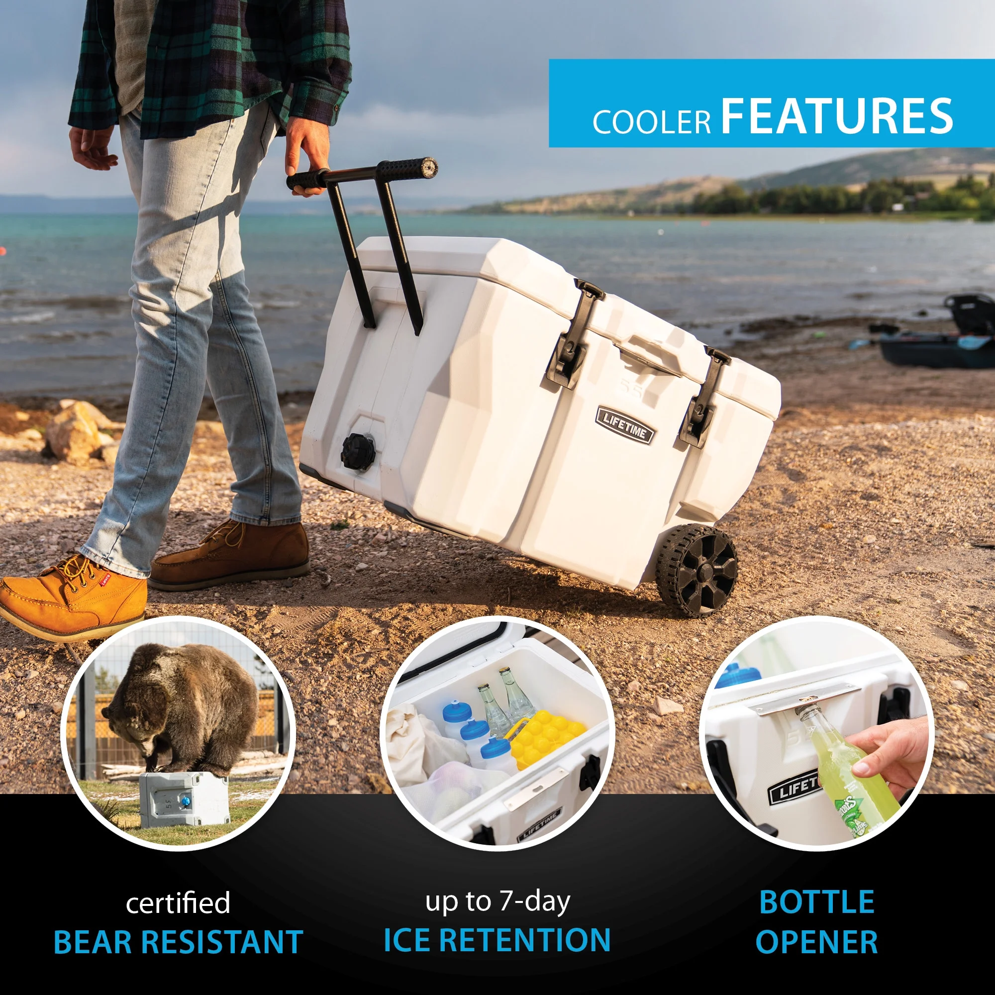 Lifetime 55 qt Bear-Resistant Camping Cooler Wheeled, Premium High Performance, Ice Retention, Hard Cooler, 60 Can Capacity, White (91072)