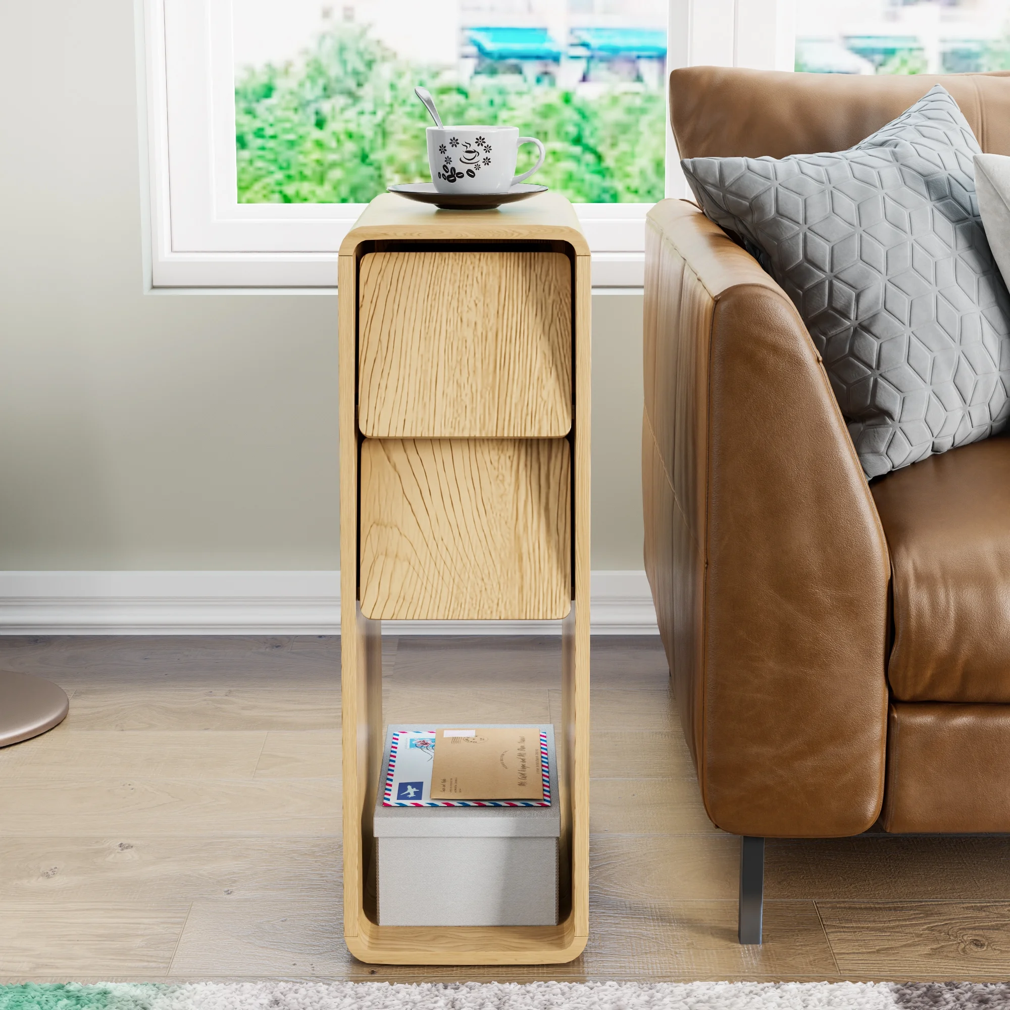 Narrow Nightstand Set of 2 with Drawers, Fluted Slim Side End Table with Storage for Small Spaces