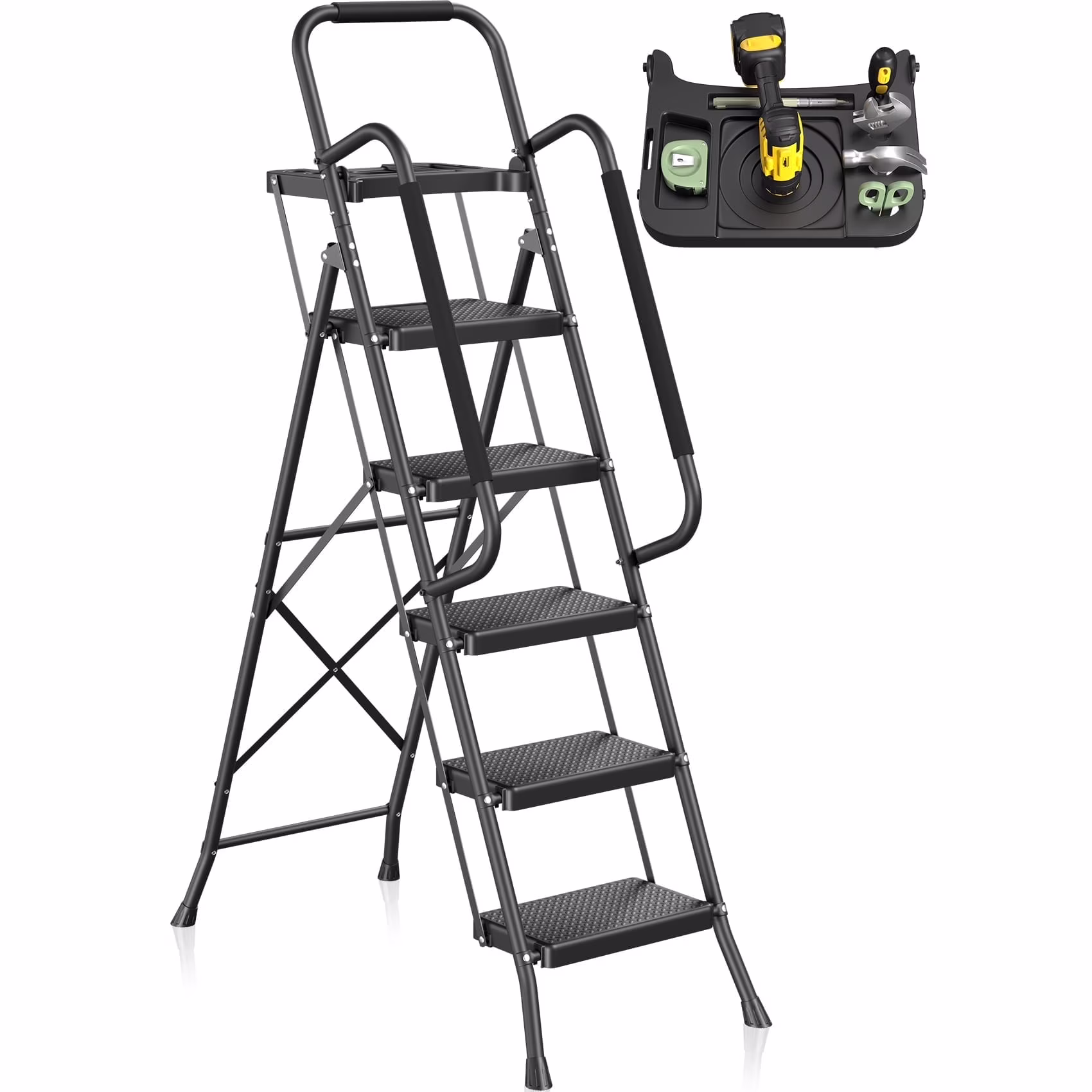 JOZ 5-Step Ladder, 350lbs Portable Folding Ladders for Home, with Handrails and Tool Tray and Anti-Slip Pedal, Black