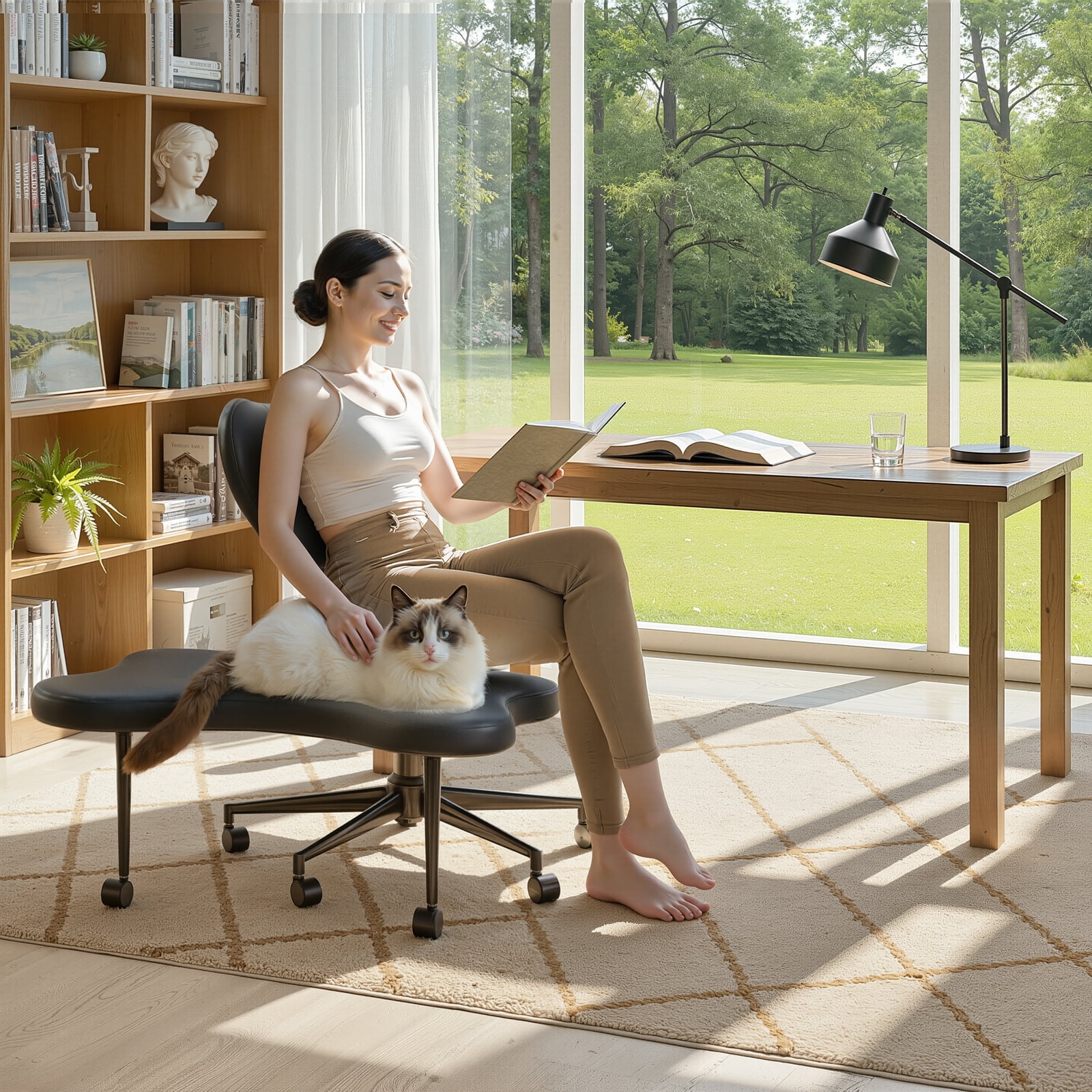 Pinmoco Ergonomic Cross Legged Swivel Chair, Adjustable Height and Teddy Fabric, Meditation& ADHD Chair with Back Support, Home and Office, Off White