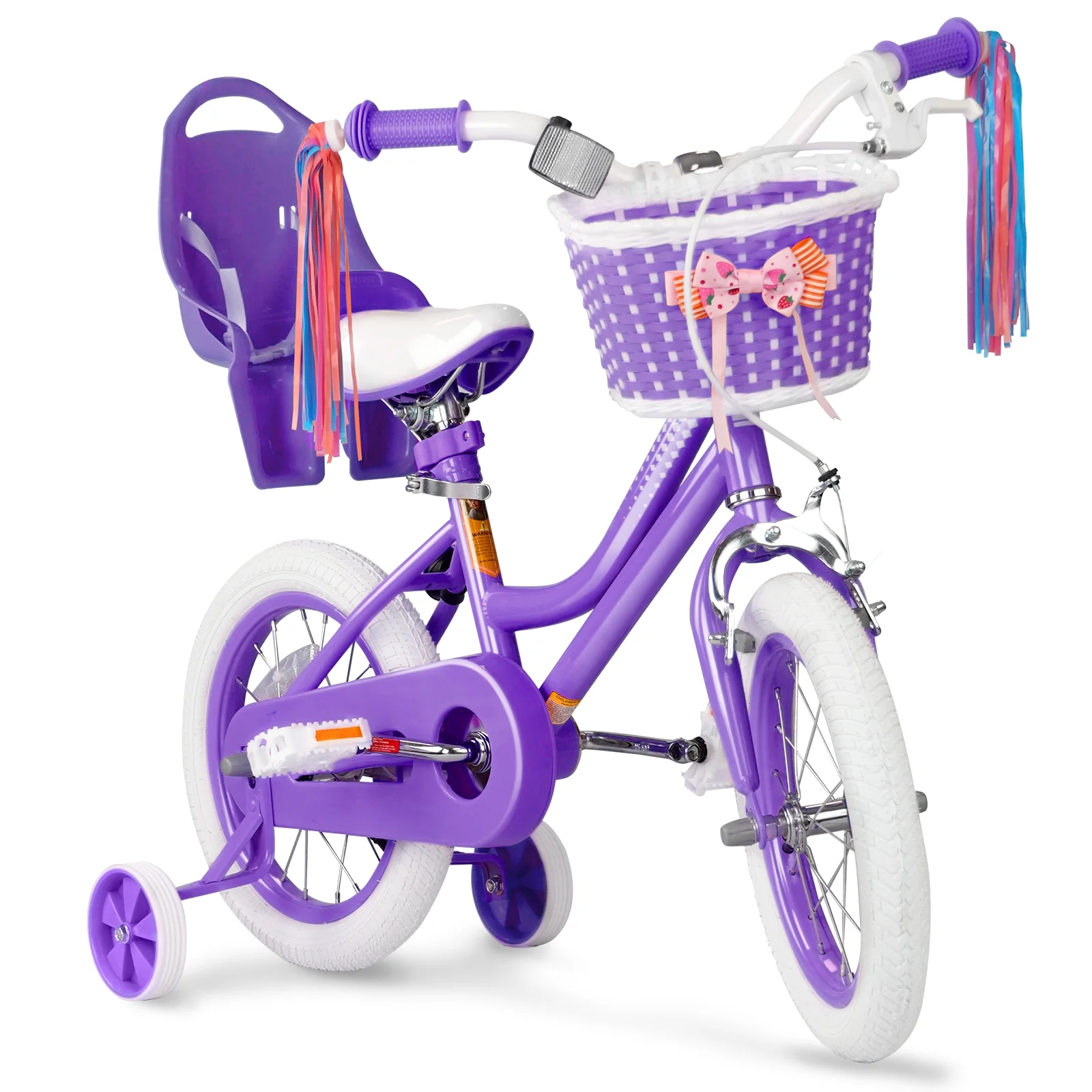 XJD Girls Bike for Toddlers 3-9 Years Old Kids, 14 Inch Kids Bike with Training Wheels, Streamers, Basket and Doll Seat, Children Bicycles with Handbrake