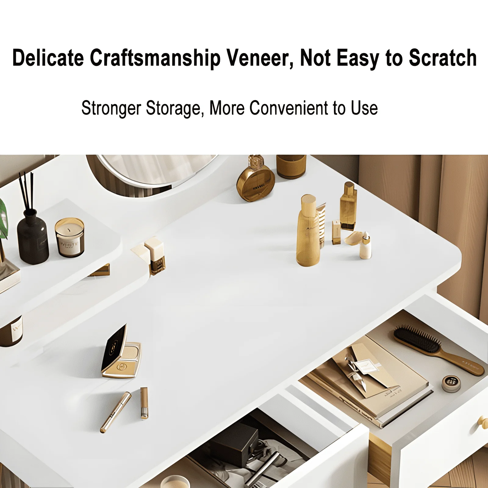 MIKOO Vanity Table Set with Mirror, Modern Makeup Vanity Dressing Desk with 2 Drawers & 2 Shelves ,White (Without Stool)