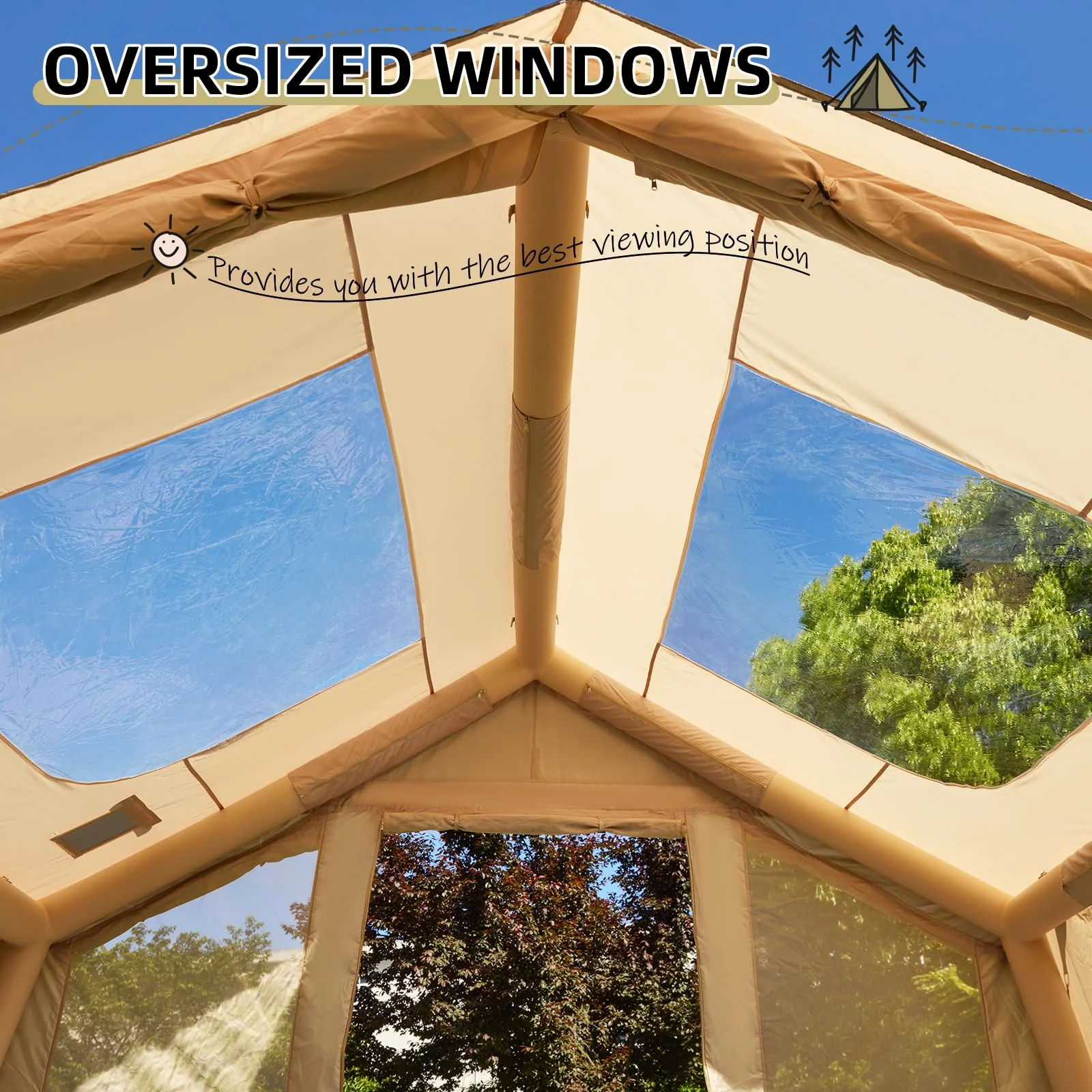 Yoleny 12'x8' Inflatable Tent, 96 SFT Blow Up Tent for Camping, 4 Season Oxford Glamping Tents with Clear Skylight, Pump & Stove Jack