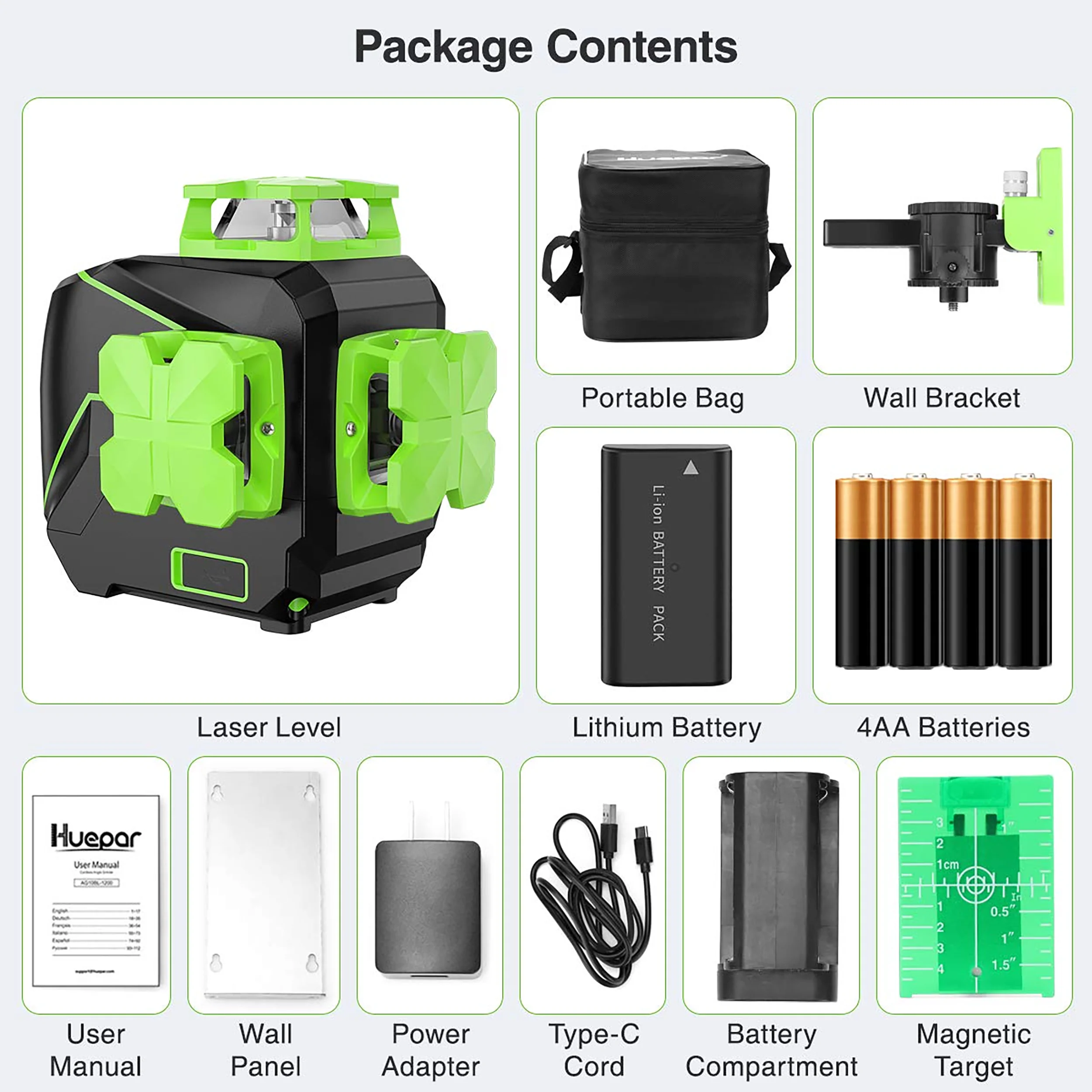 Huepar 3 x 360 Degree Cross Line Laser Level 3D Self-leveling Tiling Floor Green Beam Laser Leveler Tools with Li-ion Battery & Pivoting Base S03DG-L