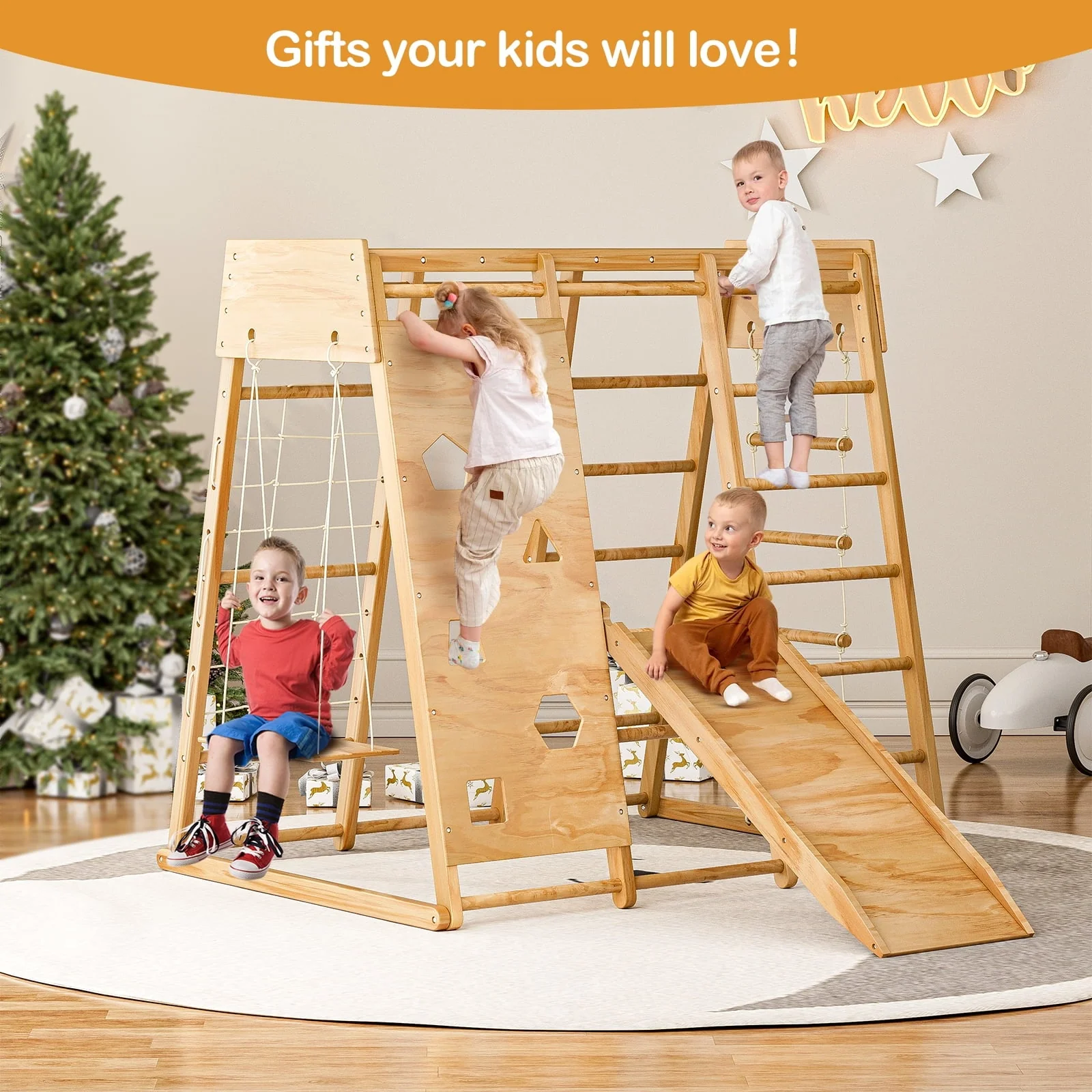 GIKPAL 8-in-1  Wooden Indoor Kids Playground Jungle Gym with Slide, Toddlers Wooden Climber with Slide Playset, Wooden Rock Climbing Wall with Rope Wall Climb, Monkey Bars, and Swing for Kids