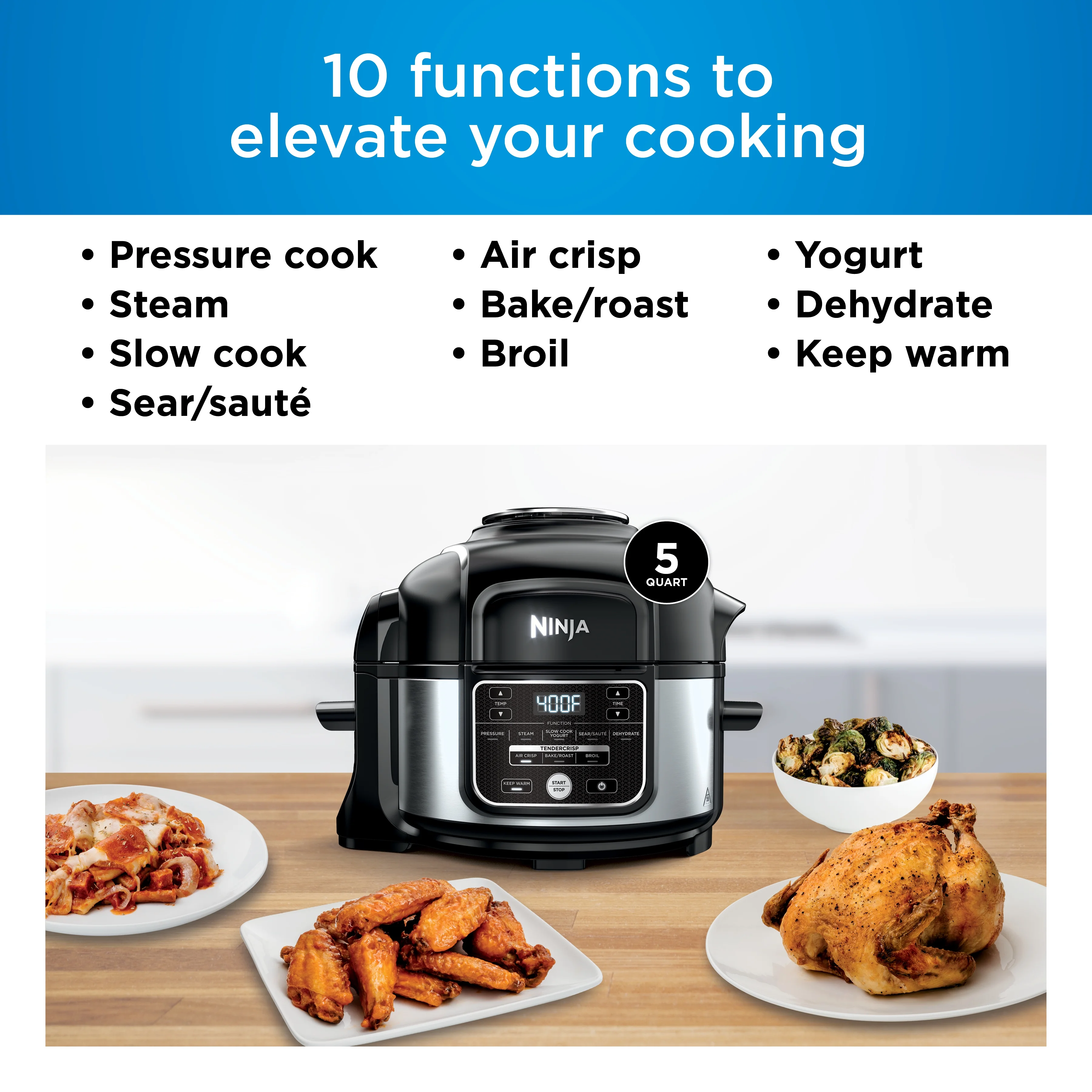Ninja Foodi 10-in-1 5 Qt Pressure Cooker, Steamer, Bake, Broil, Dehydrate, Air Fryer, Non-Stick, FD101 Stainless Steel