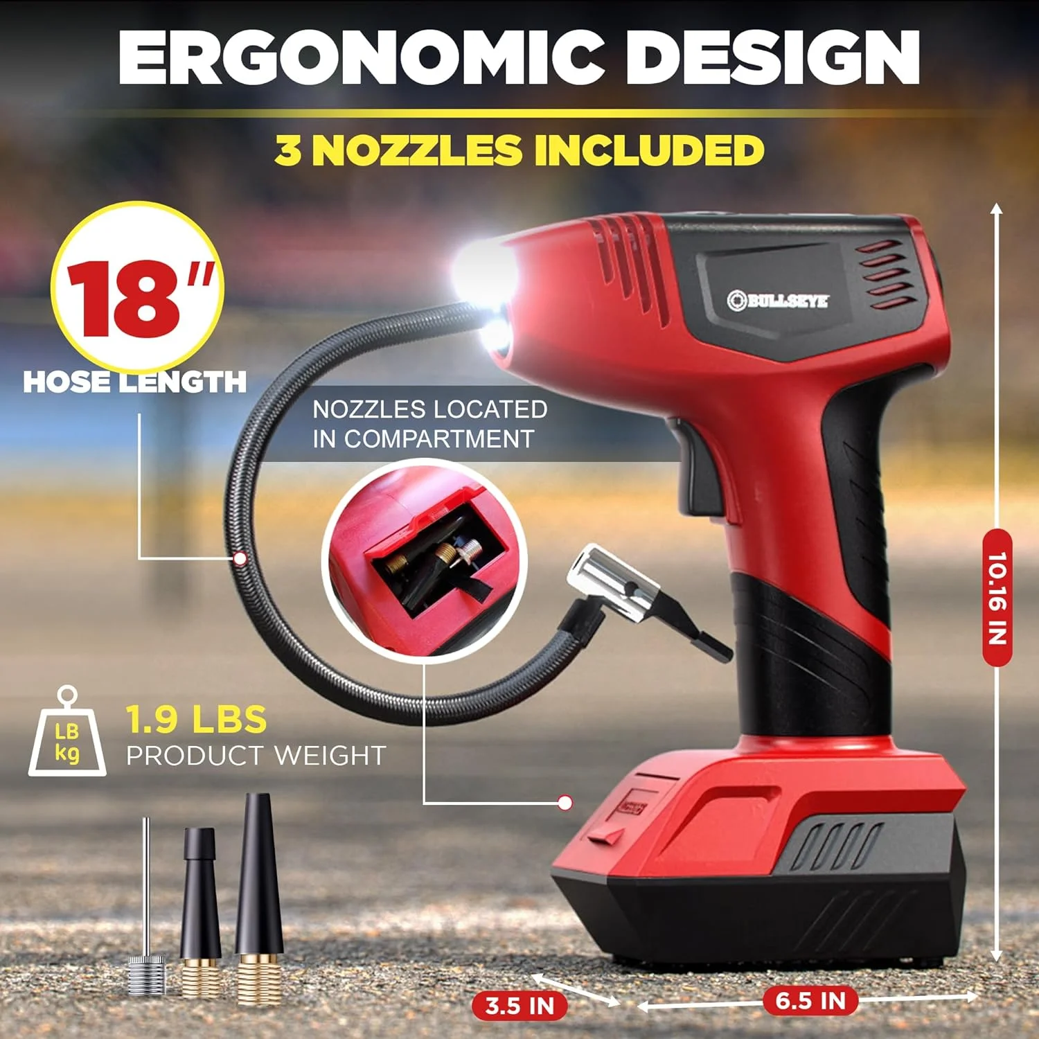 Bullseye Pro Max Deluxe Tire Inflator Portable Air Compressor, Portable Air Pump for Car Tires, Car Tire Inflator Portable - 150PSI, 12V DC 2000 mAhs, Tire Pressure Gauge, Rechargeable As Seen On TV