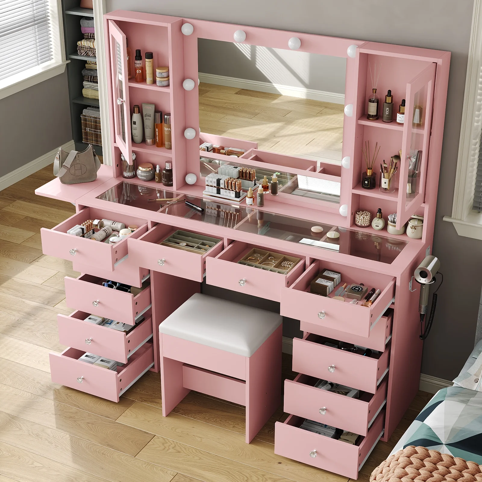 Vanity With Power Outlet, Vanity Desk With Mirror And 10 LED Lights, Makeup Vanity With 12 Drawers And 2 Cabinets, Fold-Up Panel, Glass Top Vanity Table With Chair For Bedroom