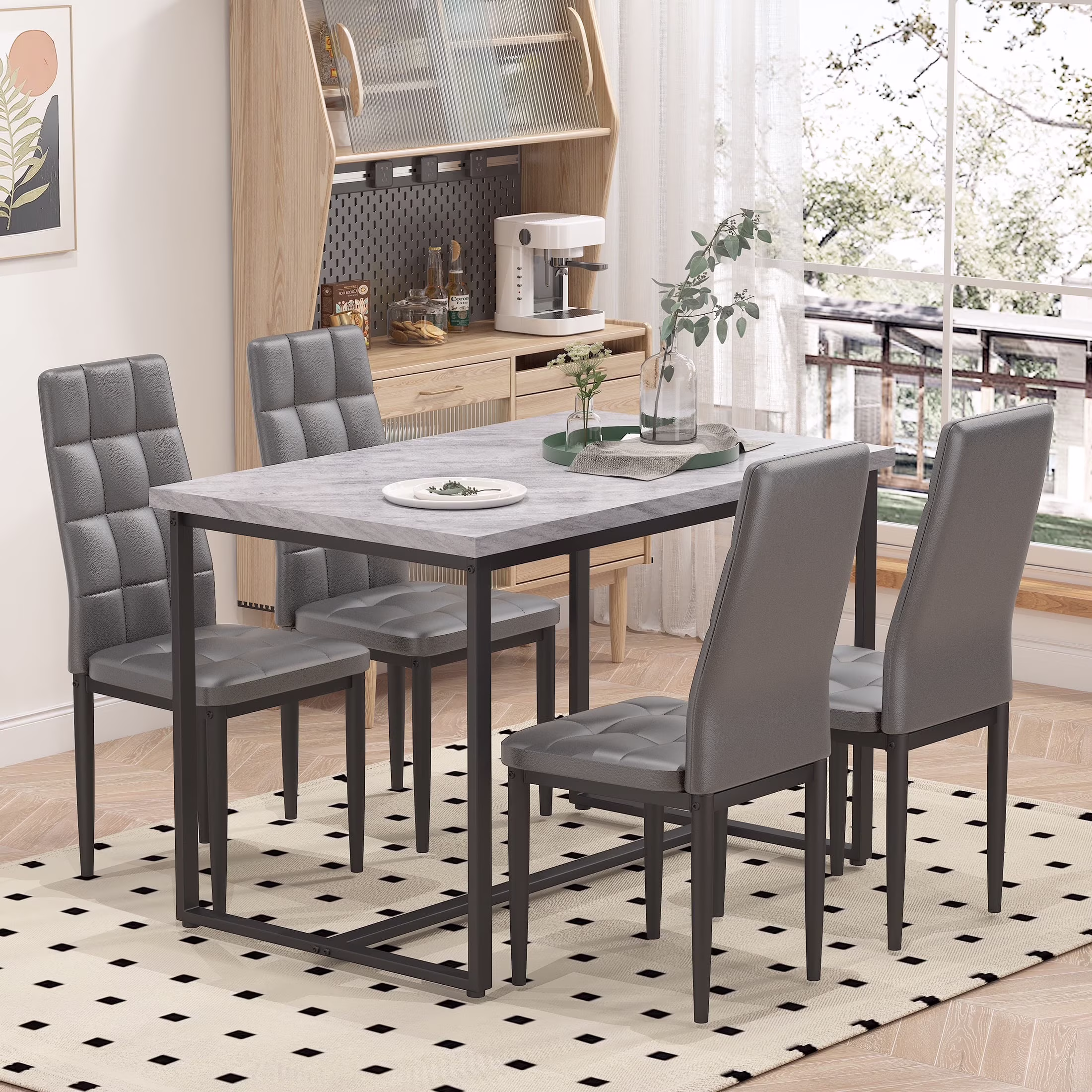 SEGMART Dining Table with 4 High-Back Upholstered Chairs, Modern Dinette Set, Dining Table & Chairs Set for 4 Persons, Small Home Kitchen Dining Table Set, Ideal for Apartment Breakfast Nook