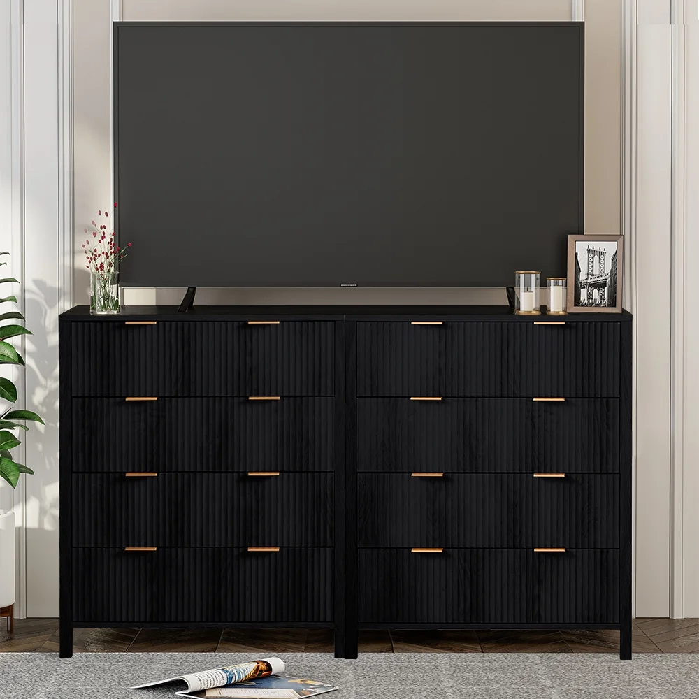 YOCWO Fluted Nightstand for Bedroom Set of 2 , Wood Bedside Table Set of 2 with Drawers, Black