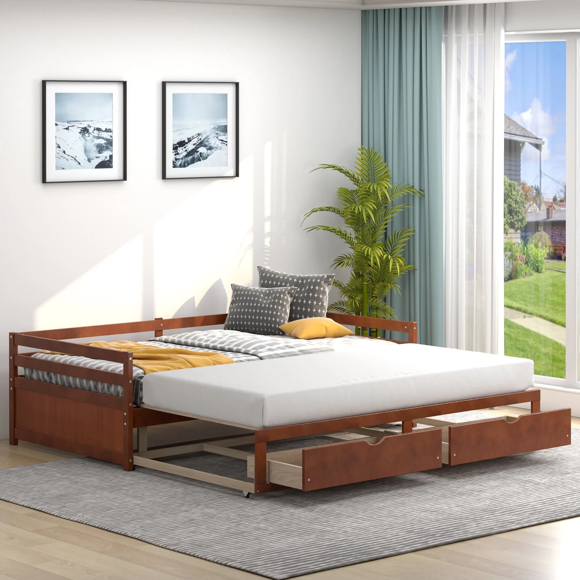 Costway Twin to King Daybed with  2 Drawers Wooden Sofa Bed for Bedroom Living Room Cherry