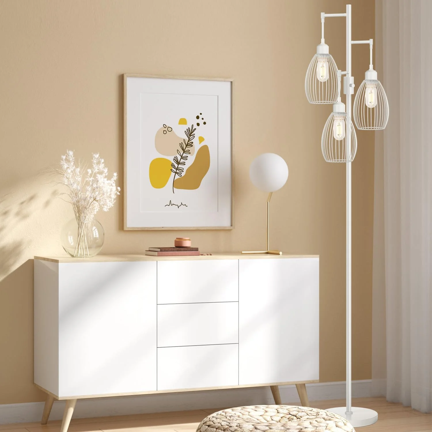 Dimmable Floor Lamp, 3 x 800LM LED Edison Bulbs Included, Farmhouse Industrial Floor Lamp Standing Tree Lamp with Elegant Teardrop Cage Tall Lamps for Living Room Bedroom Office Dining Room