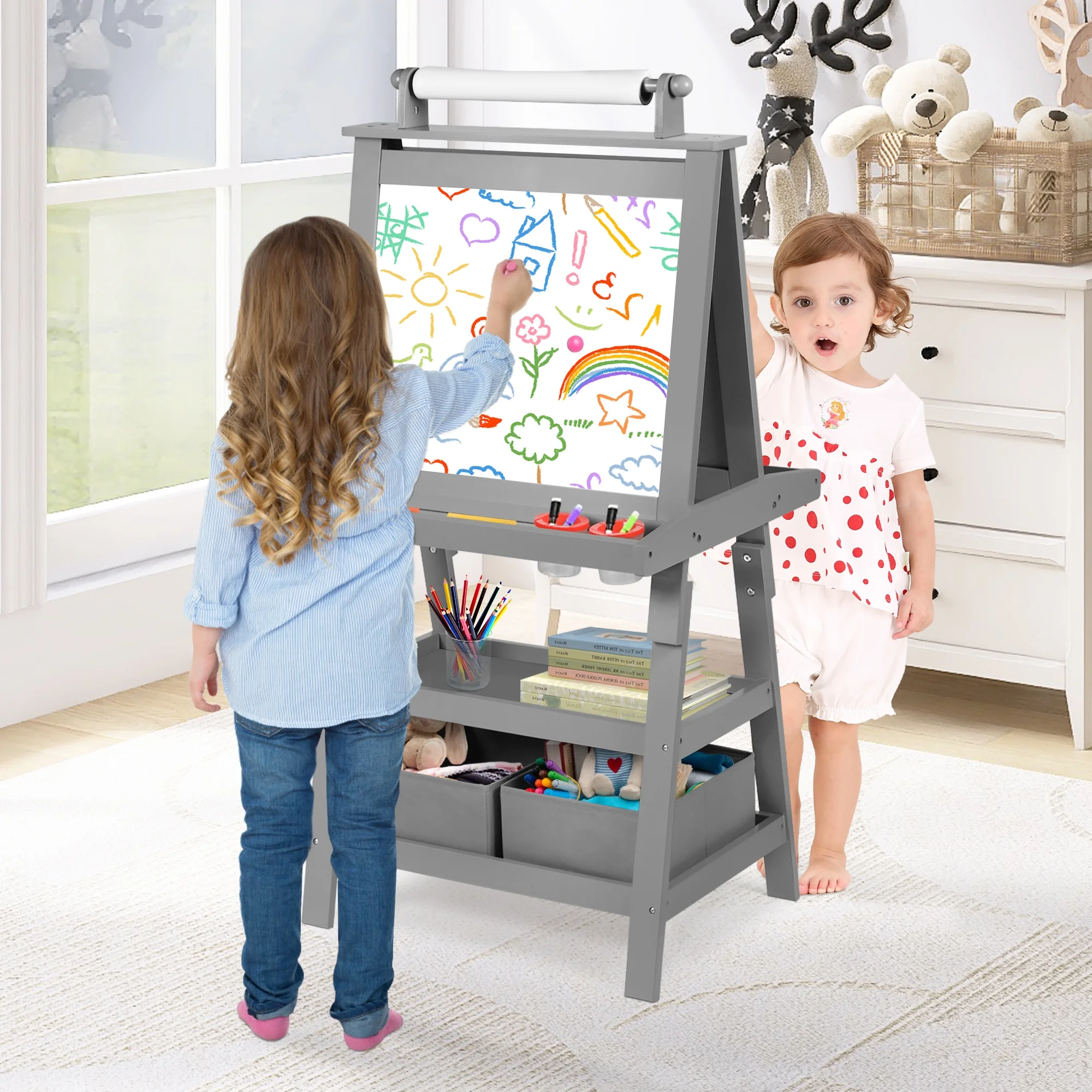 LINLUX 3 in 1 Art Easel for Kid, Whiteboard for Kid with Stand, Magnetic Chalkboard Pizarra, Grey