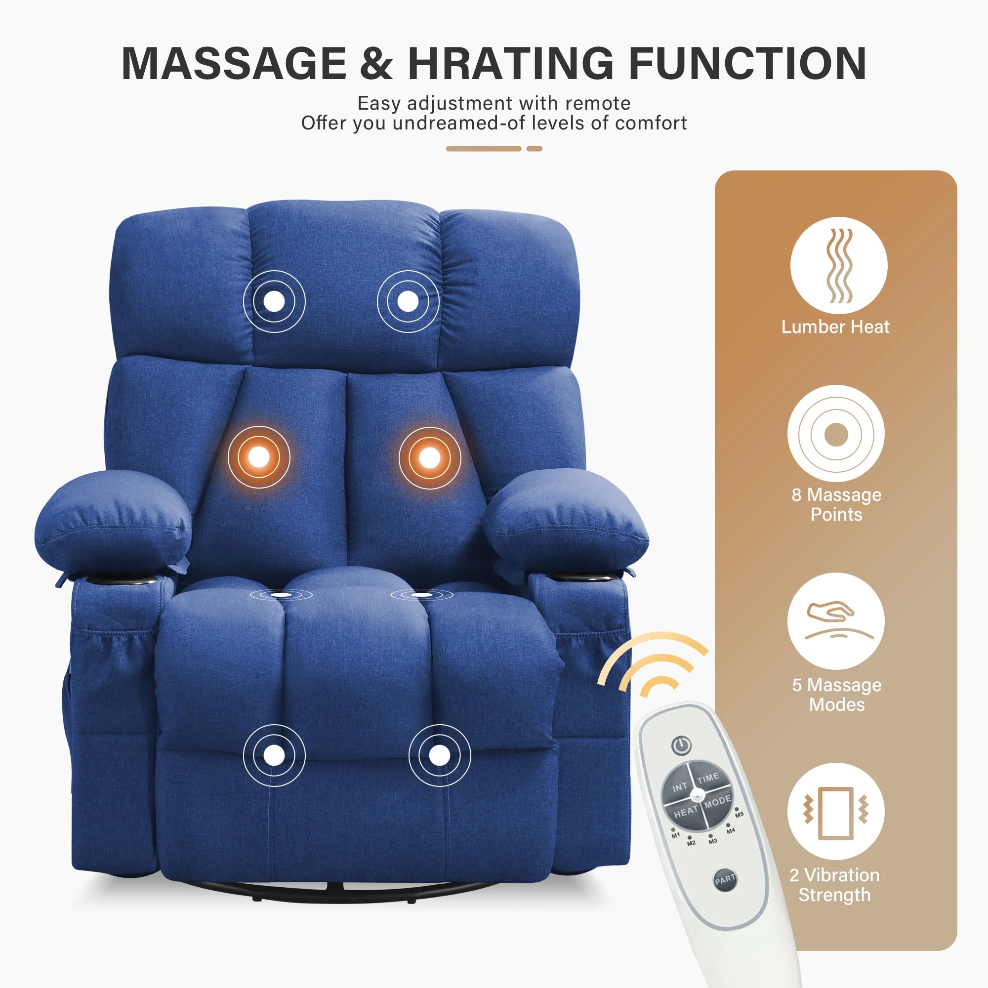 JONPONY Manual Recliner Chair with Heat Therapy and Massage Function, Heavy Duty Reclining Mechanism Massage Chair, Elderly Single Rocker Sofa with Cup Holders for Bedroom Home Theater,Grey