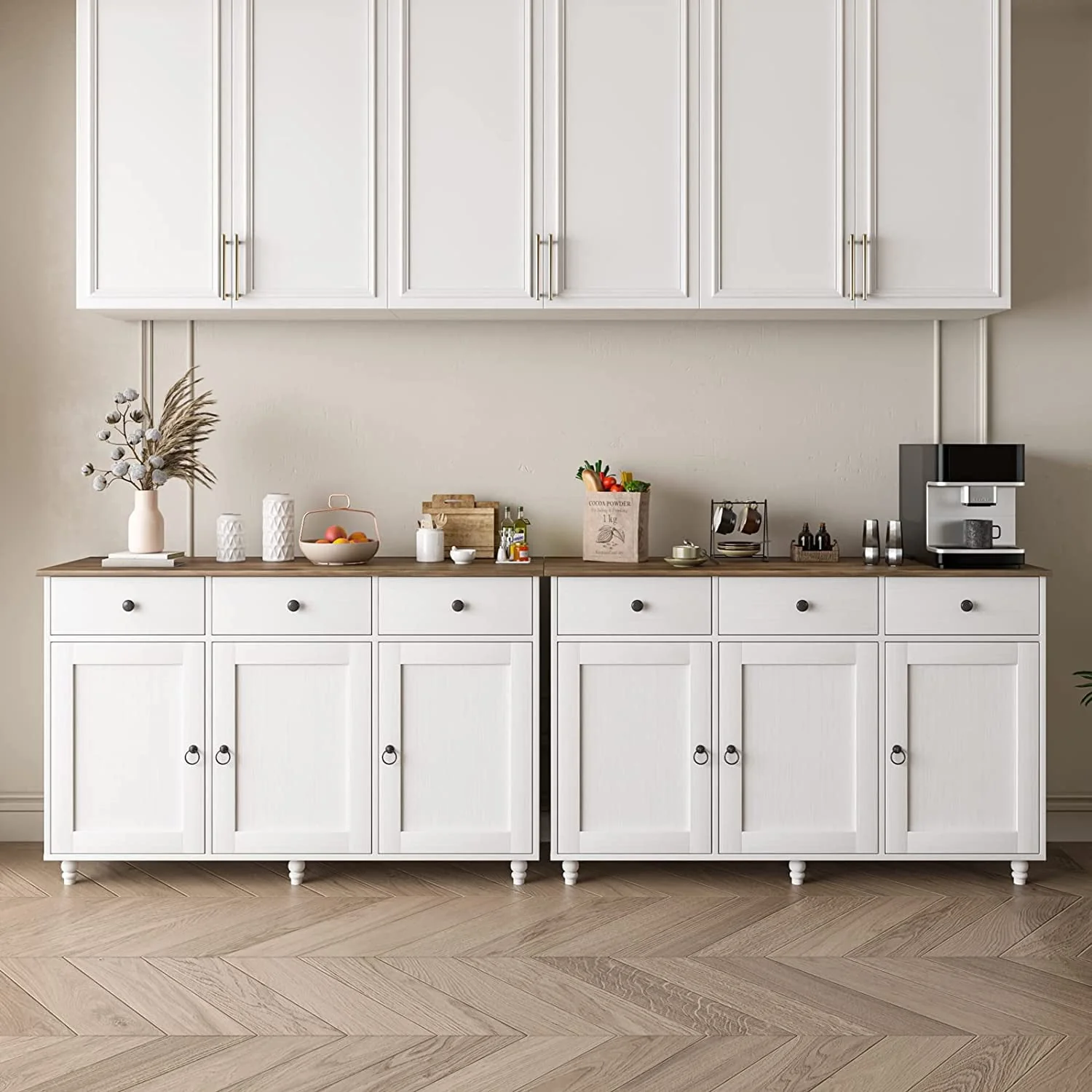 Catrimown Sideboard Buffet Cabinet, Mid-Century Kitchen Storage Cabinet with 3 Drawers & 3 Doors, Coffee Bar Cabinet with 3 Adjustable Shelves, White