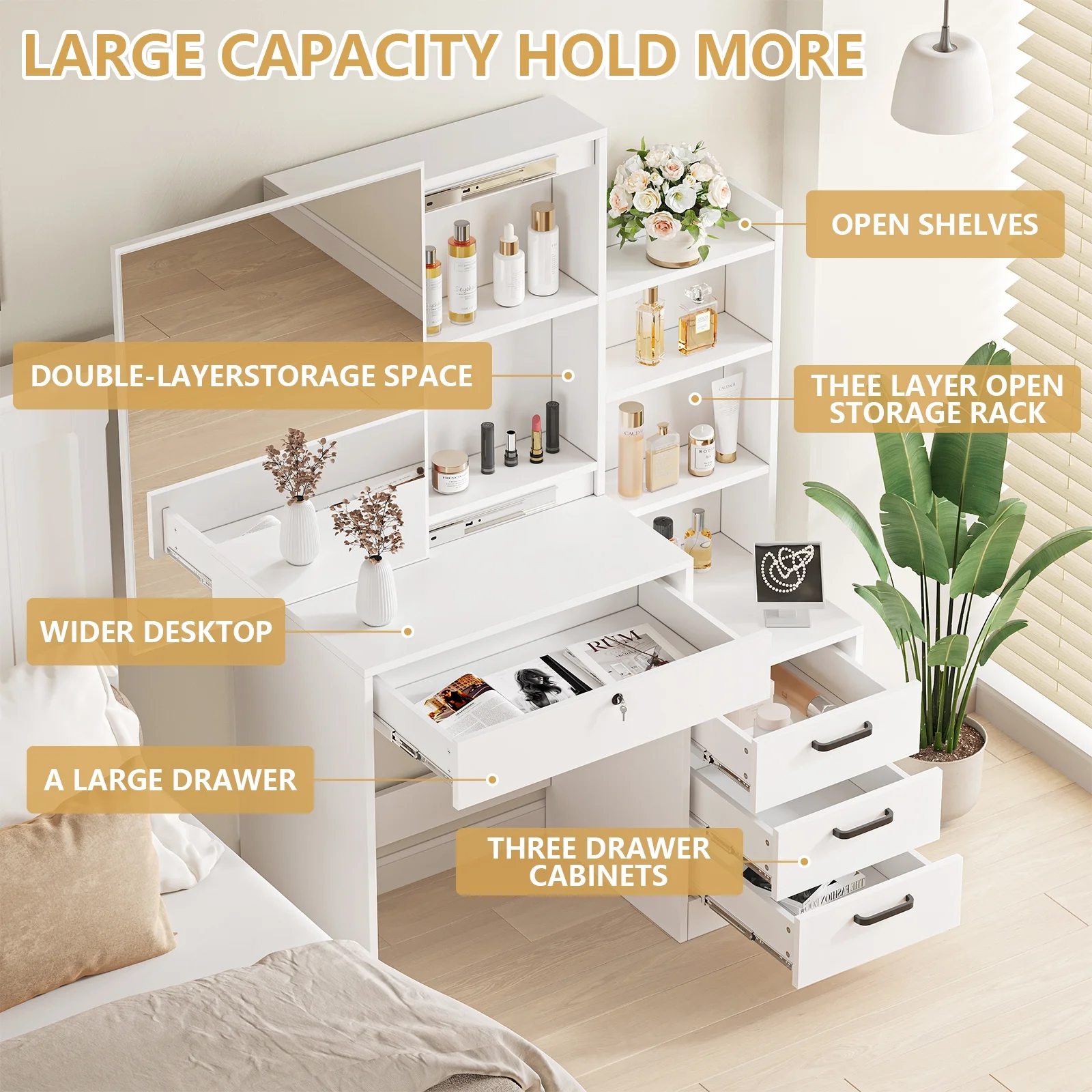 Furnibear Vanity Desk Set with Mirror and Light, Makeup Table with 2 Drawers and Cabinet, Power Outlet and 3 Color Modes Brightness Adjustable