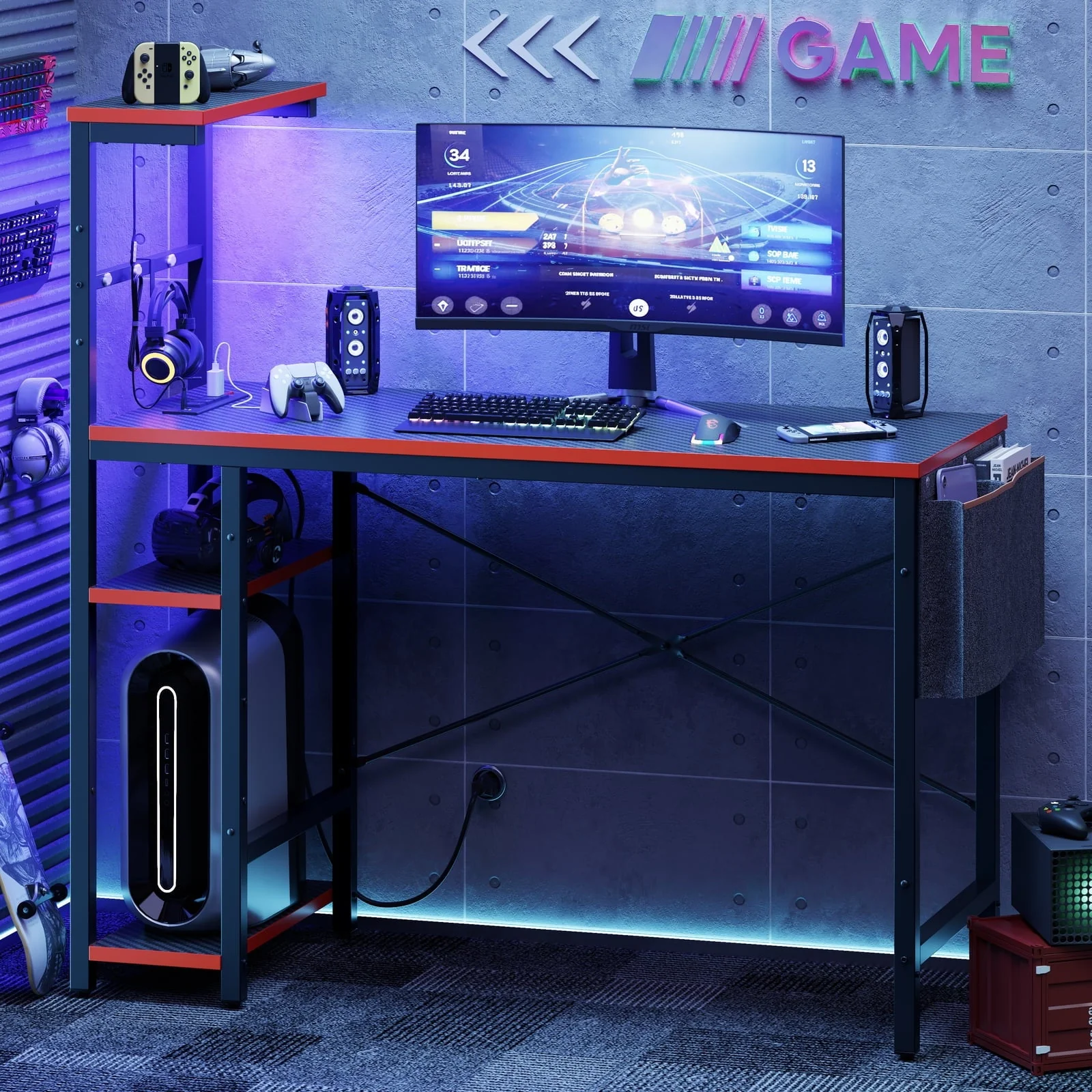 Bestier 47 inch LED Gaming Desk with Outlets & USB Ports Computer Desk with Storage Shelves  in Black Carbon Fiber