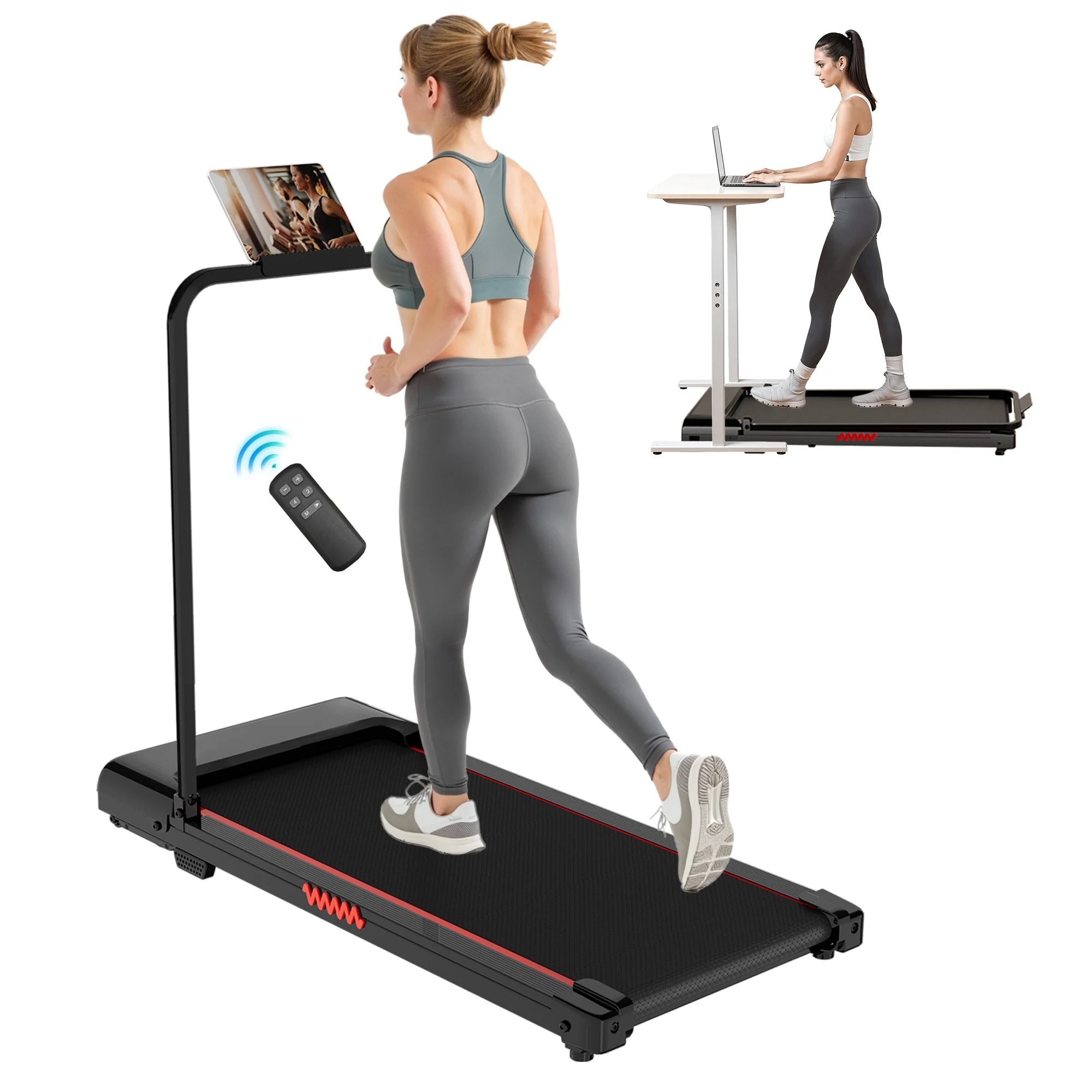 2 in 1 Walking Pad Treadmill, Foldable Treadmills with Handle Bar, 2.5HP Portable Folding Treadmill with Remote Control, Under Desk Treadmill for Home Office, 300lbs, Black