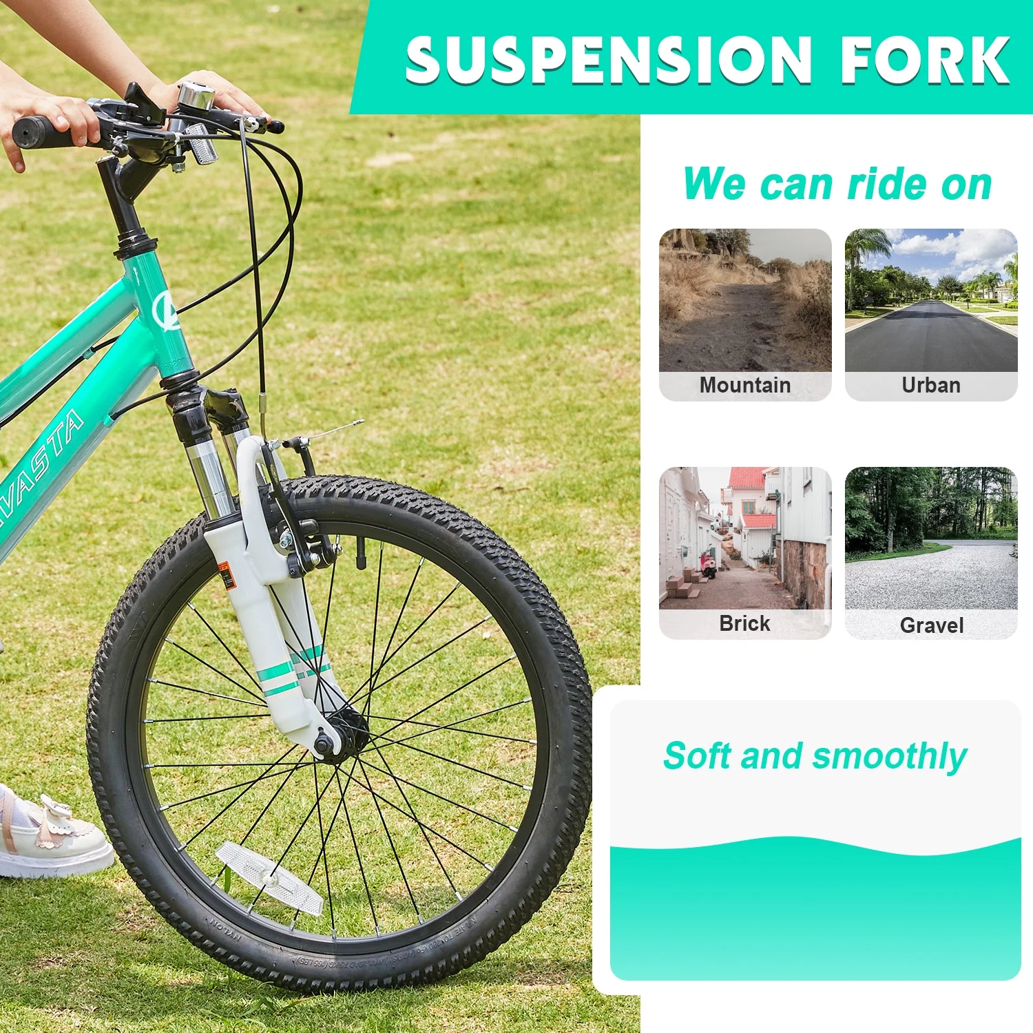 AVASTA 20'' Big Kids Mountain Bike for Age 6 7 8 9 10 11 12 Years Old Boys Girls Teen with Suspension Fork Front & Rear Dual Hand Brakes 6 Speeds Drivetrain, Cyan