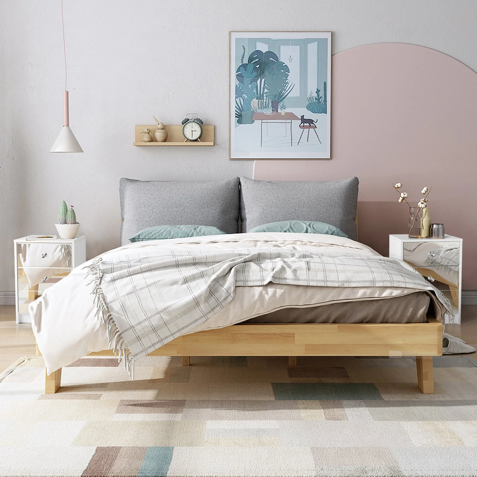 Ktaxon Mirrored Nightstand, End Table with 3-Drawer and Crystal Style Knobs, Modern Bedside Table for Bedroom, Living Room,White