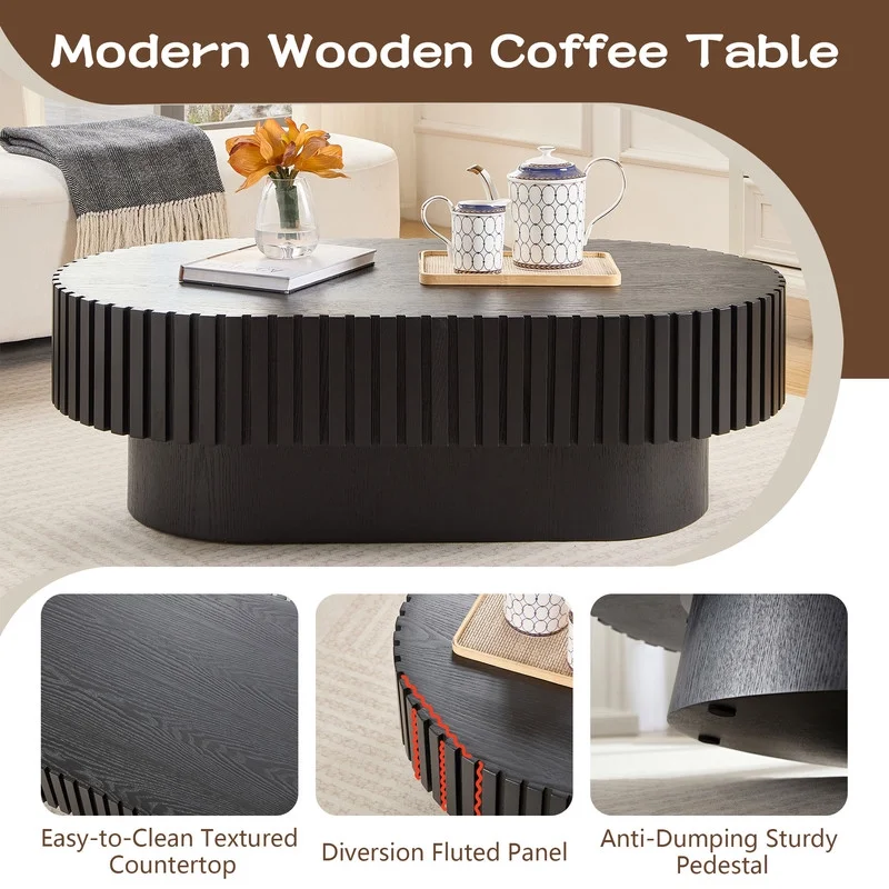 FFH 43.7 inch Oval Coffee Table for Living Room,Handcraft Rustic Corner Coffee Table Nature Wood Relief Sturdy Pedestal for Apartmen,Side Table Centre Table,Nature Wood