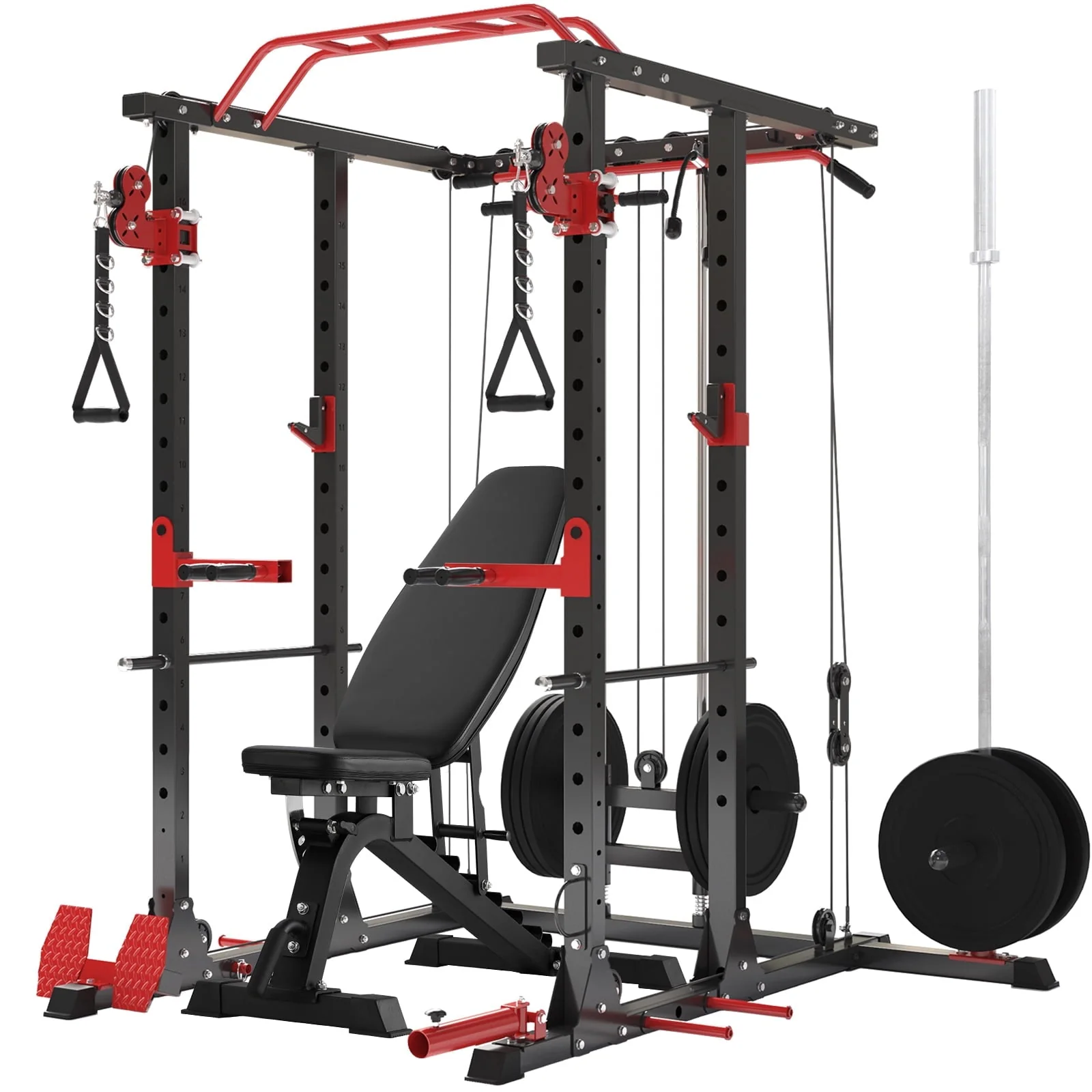 Mikolo Power Rack Cage, 1500LBS Weight Cage with 800LB Capacity Adjustable Weight Bench, Multi-Function Workout Rack Cage with Storage System, J-Hook, Band Peg, Battle Rope Ring Home Gym