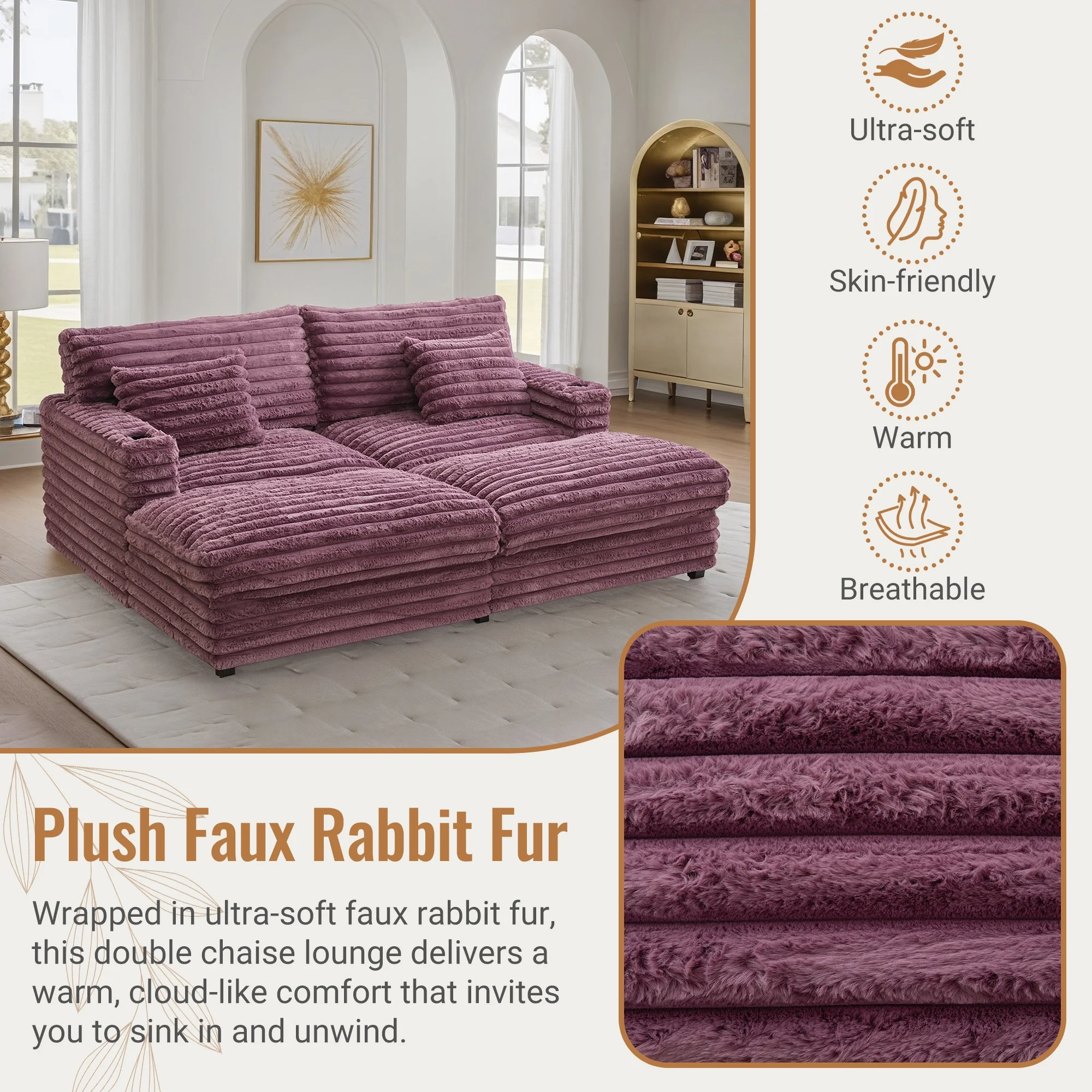 Oversized Double Chaise Lounge, Faux Fur Upholstered Deep Seat Sofa with 2 Pillows, 2 Cupholders, and Dual USB Ports