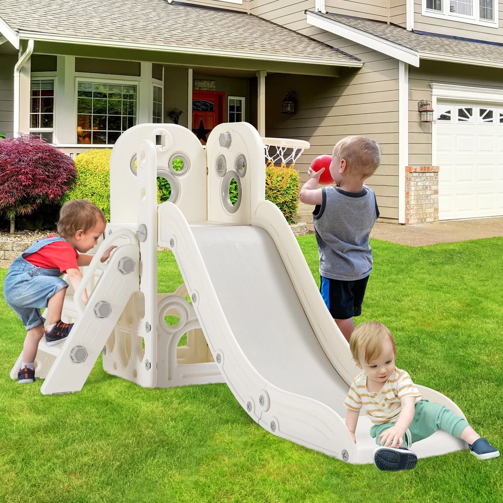 Arlopu Sturdy Toddler Slide with Basketball Hoop Plastic Kids Slide Climber with Anti-Slip Steps Indoor Outdoor Children Toy Playground