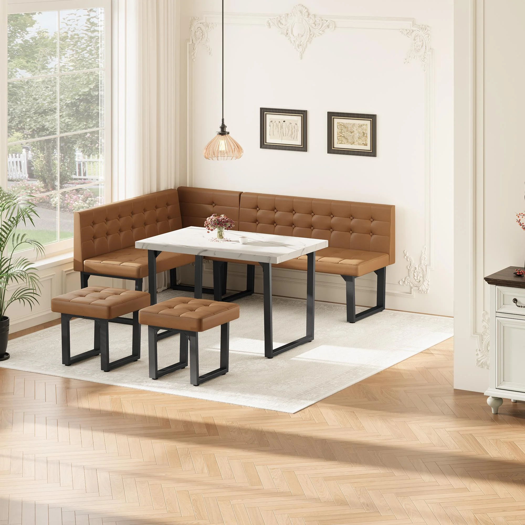 Brafab 5 Piece Corner Dining Breakfast Nook with Table and Bench Modern Kitchen Table Set with Gray Upholstered Banquette Seating