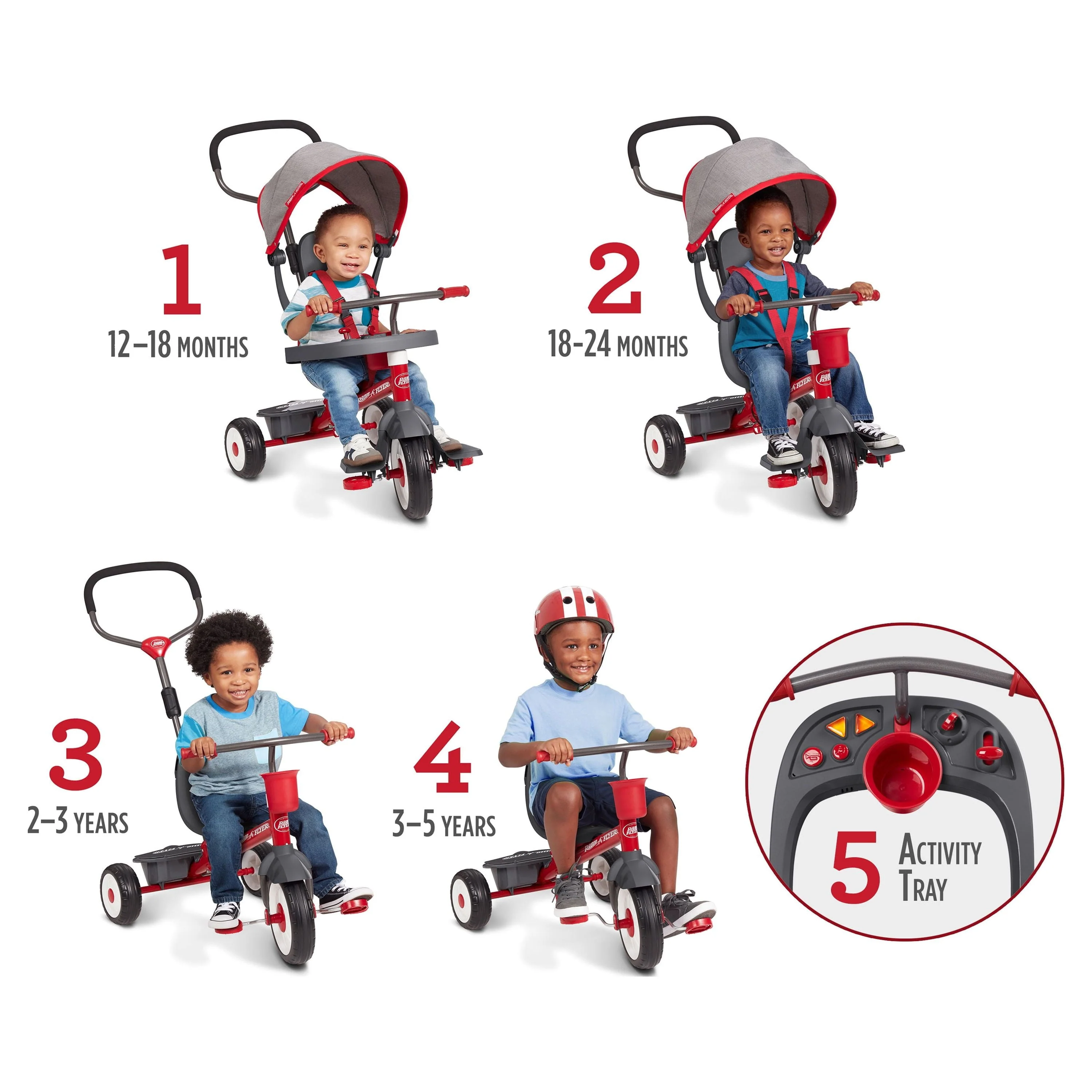 Radio Flyer, 4-in-1 Stroll 'N Trike with Activity Tray, Red & Gray, Convertible Tricycle