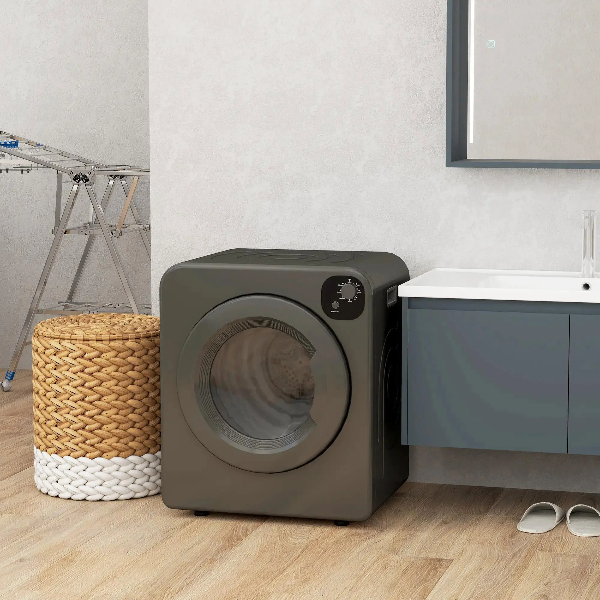 Resenkos Compact Laundry Dryer 1300W Portable Clothes Dryer with 3.2 cu.ft Stainless Steel Drum, Front Load Electric Dryer, Gray