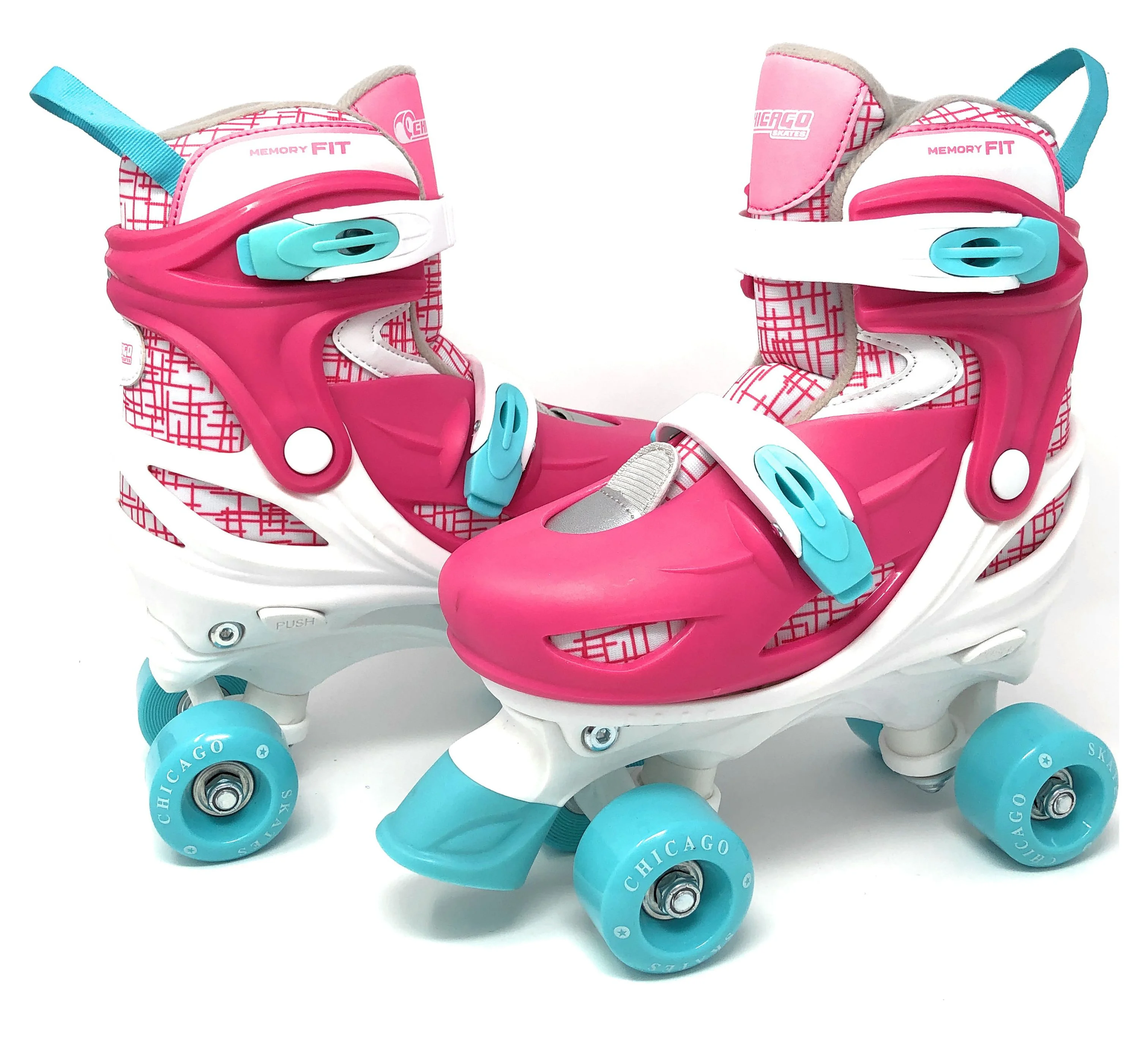 Chicago Skates Adjustable Quad Roller Skate Combo Set Pink/White/Teal – Skates, Helmet, Knee Pads, And Wrist Guards - Size Medium(1-4)