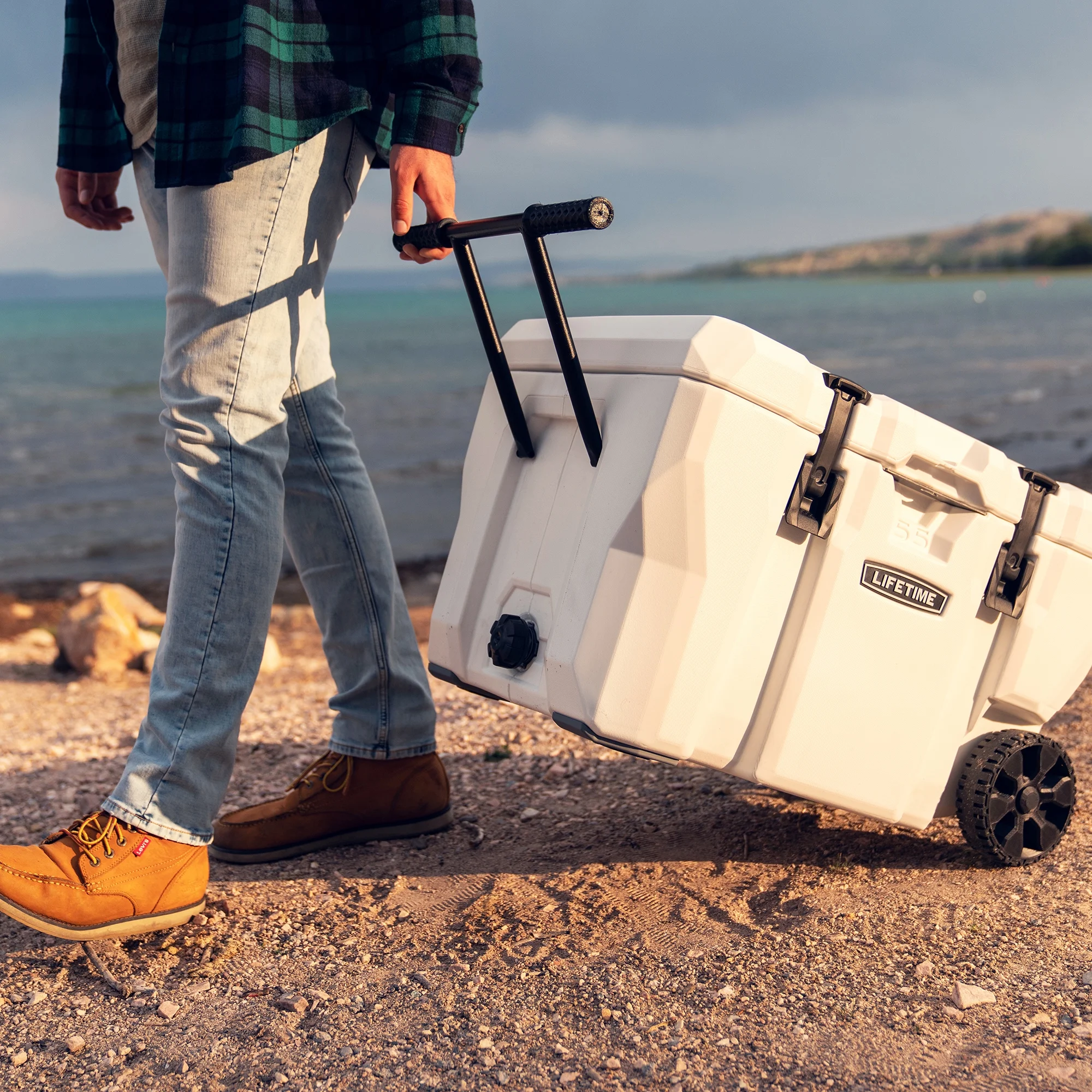 Lifetime 55 qt Bear-Resistant Camping Cooler Wheeled, Premium High Performance, Ice Retention, Hard Cooler, 60 Can Capacity, White (91072)