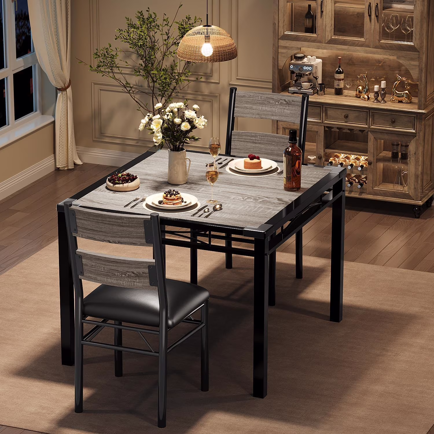 Dining Table Set for 2, Kitchen Table with 2 Upholstered Chairs, Wood 3-Piece Dining Room Table Set with Collision Angle for Small Space, Kitchen, Apartment, Room