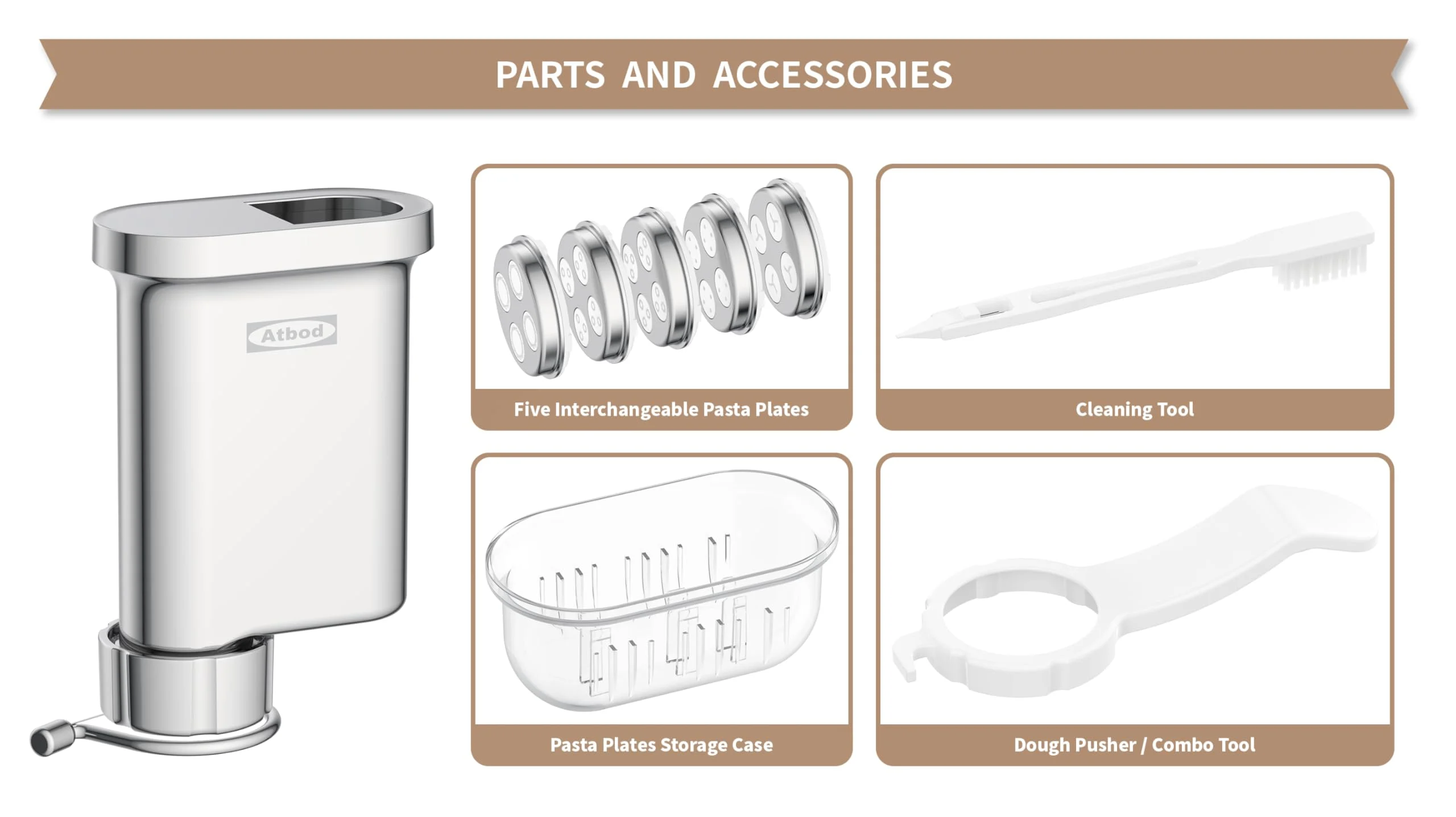 Metal Gourmet Pasta Press Attachment for Kitchenaid Stand Mixer, Pasta Maker Attachment with 5 Interchangeable Plates, Spaghetti Bucatini Fusilli Large/Small Macaroni